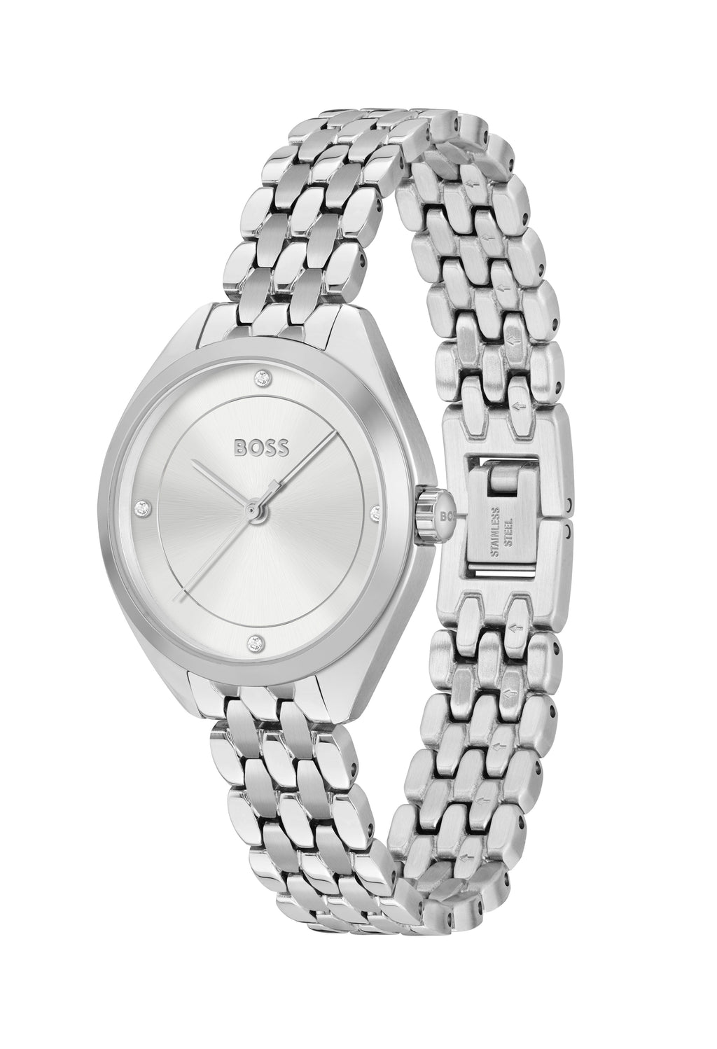 Boss ladies watch featuring a silver dial, stainless steel bracelet, and crystal accents, highlighting feminine elegance.