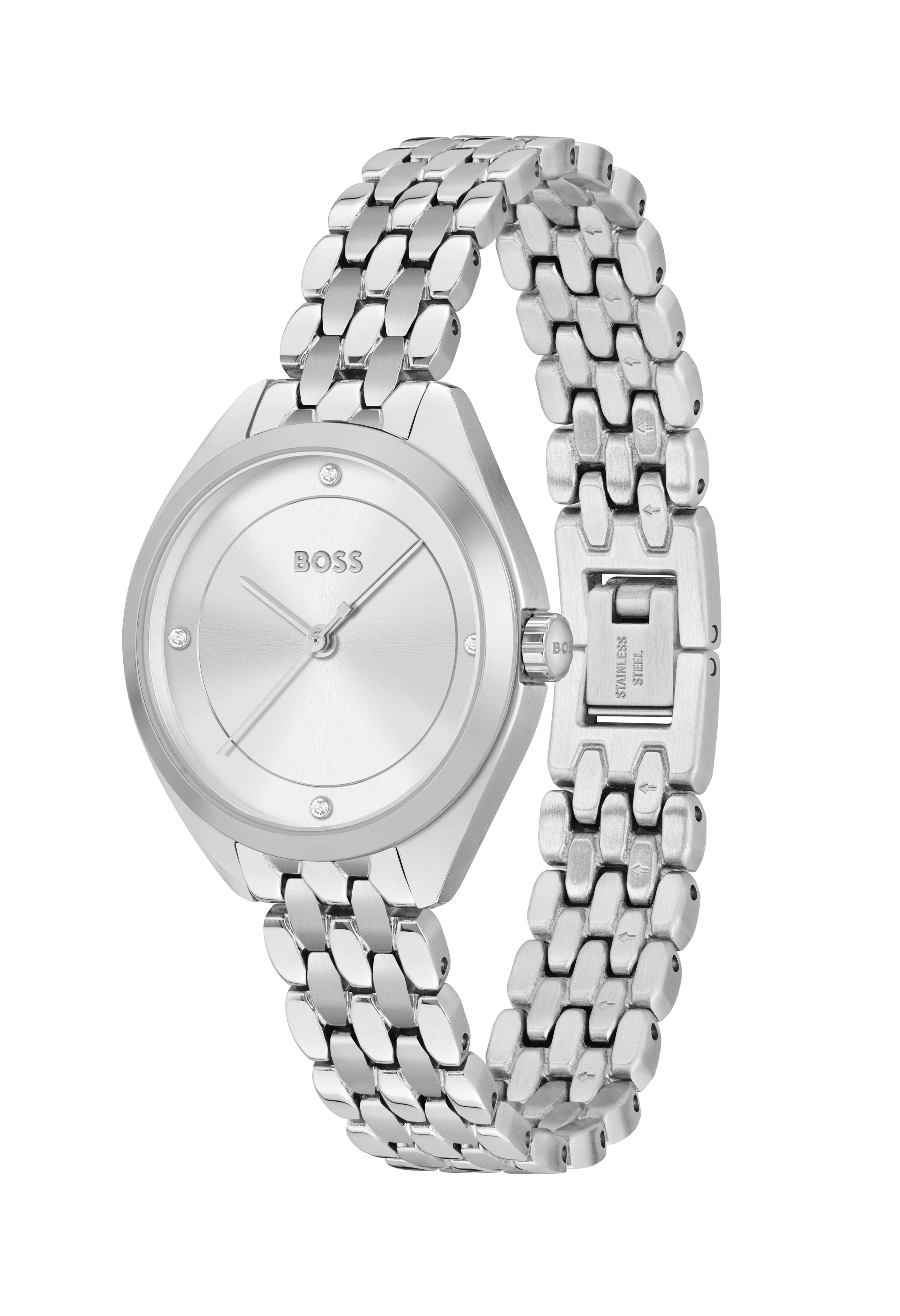 Boss ladies watch featuring a silver dial, stainless steel bracelet, and crystal accents, highlighting feminine elegance.