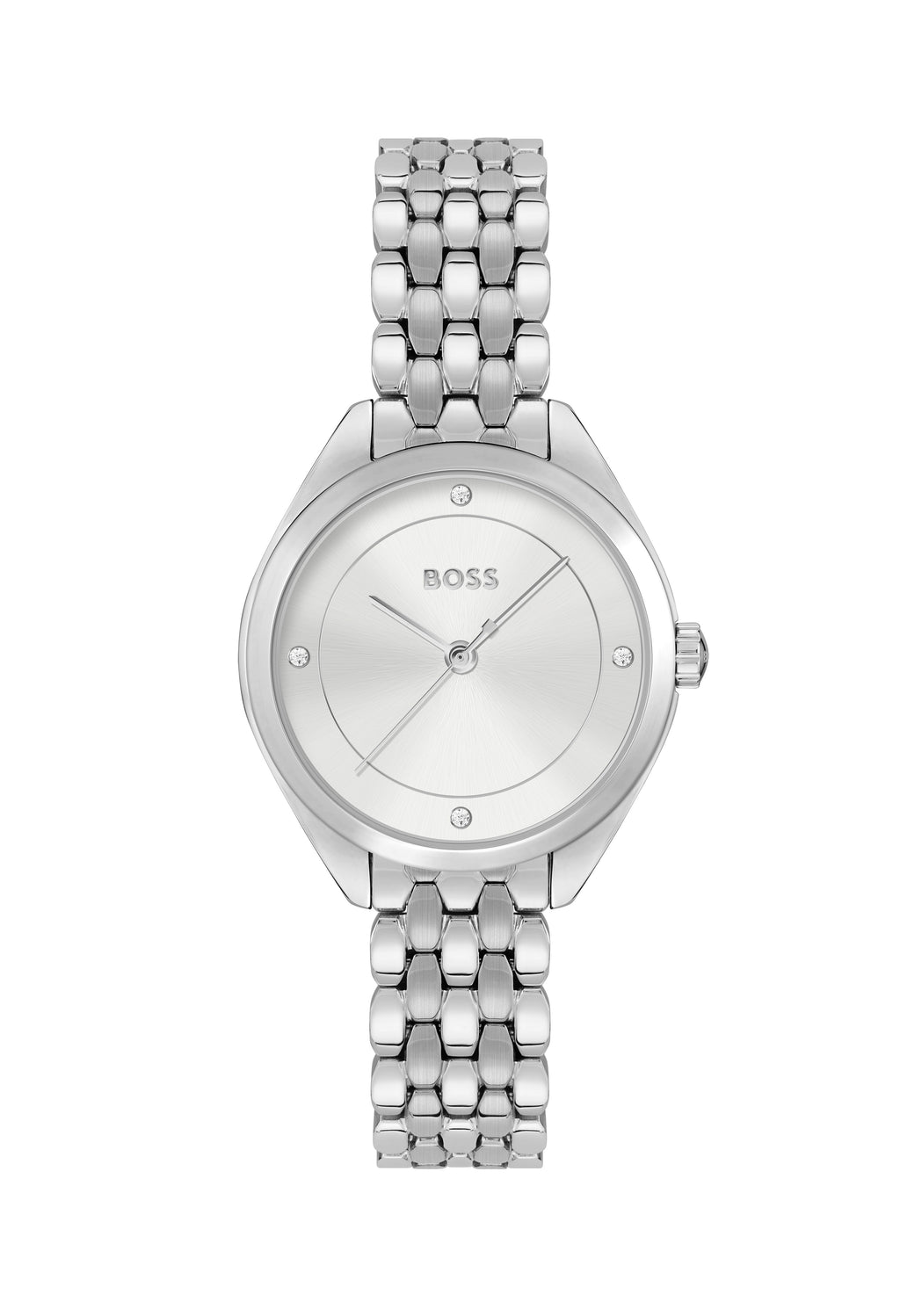 Close-up of the Boss Ladies Mae silver watch featuring a stainless steel bracelet and signature logo on the dial.
