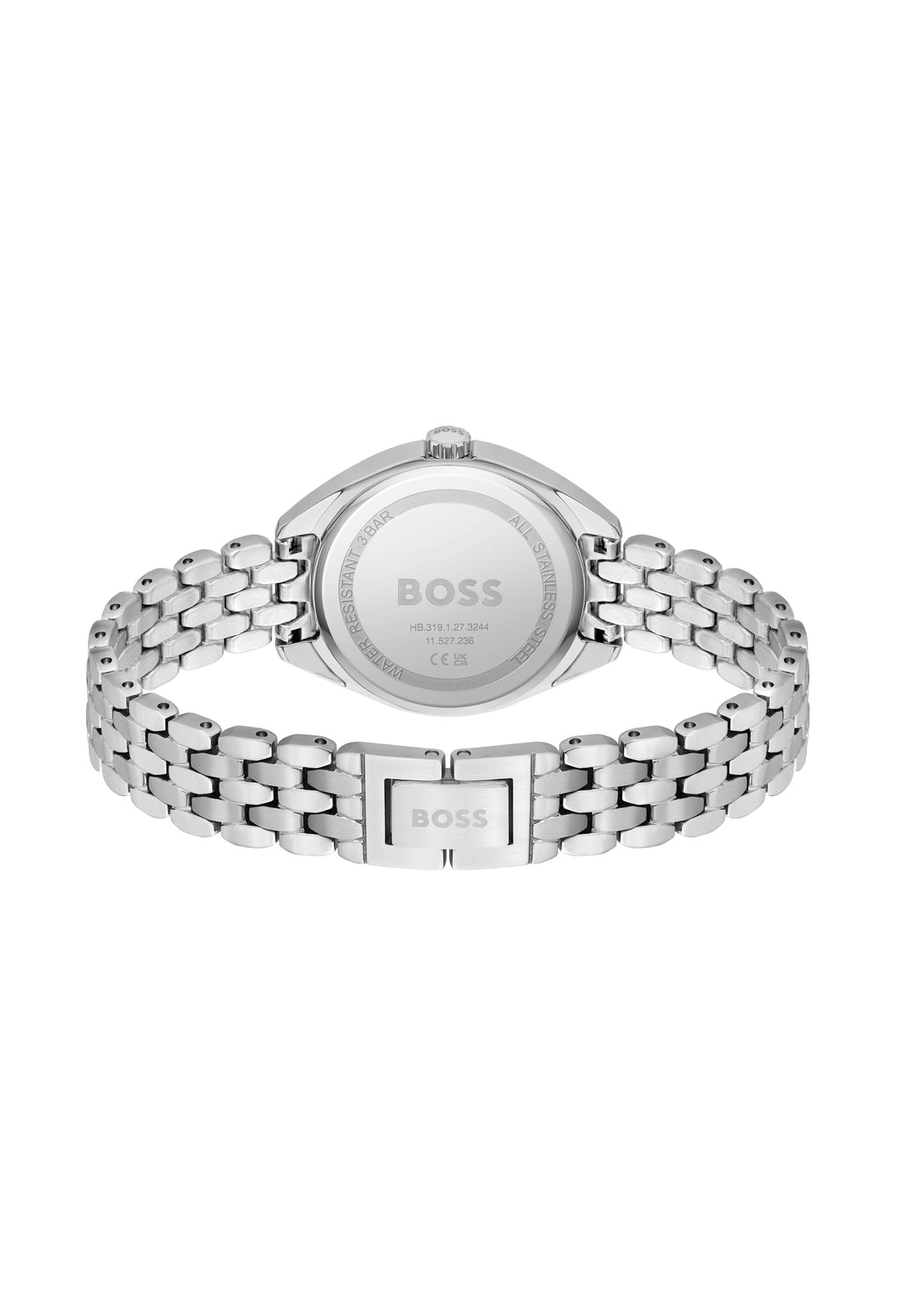 Back of the Boss Mae ladies' watch showing stainless steel bracelet and model number HB.319.1.27.3244.