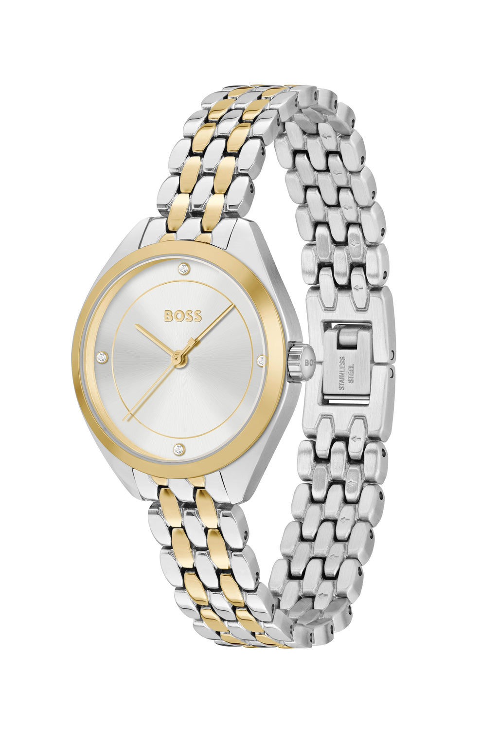 Close-up view of the Boss Ladies Mae watch, showcasing its silver dial, gold accents, and two-tone stainless steel bracelet.
