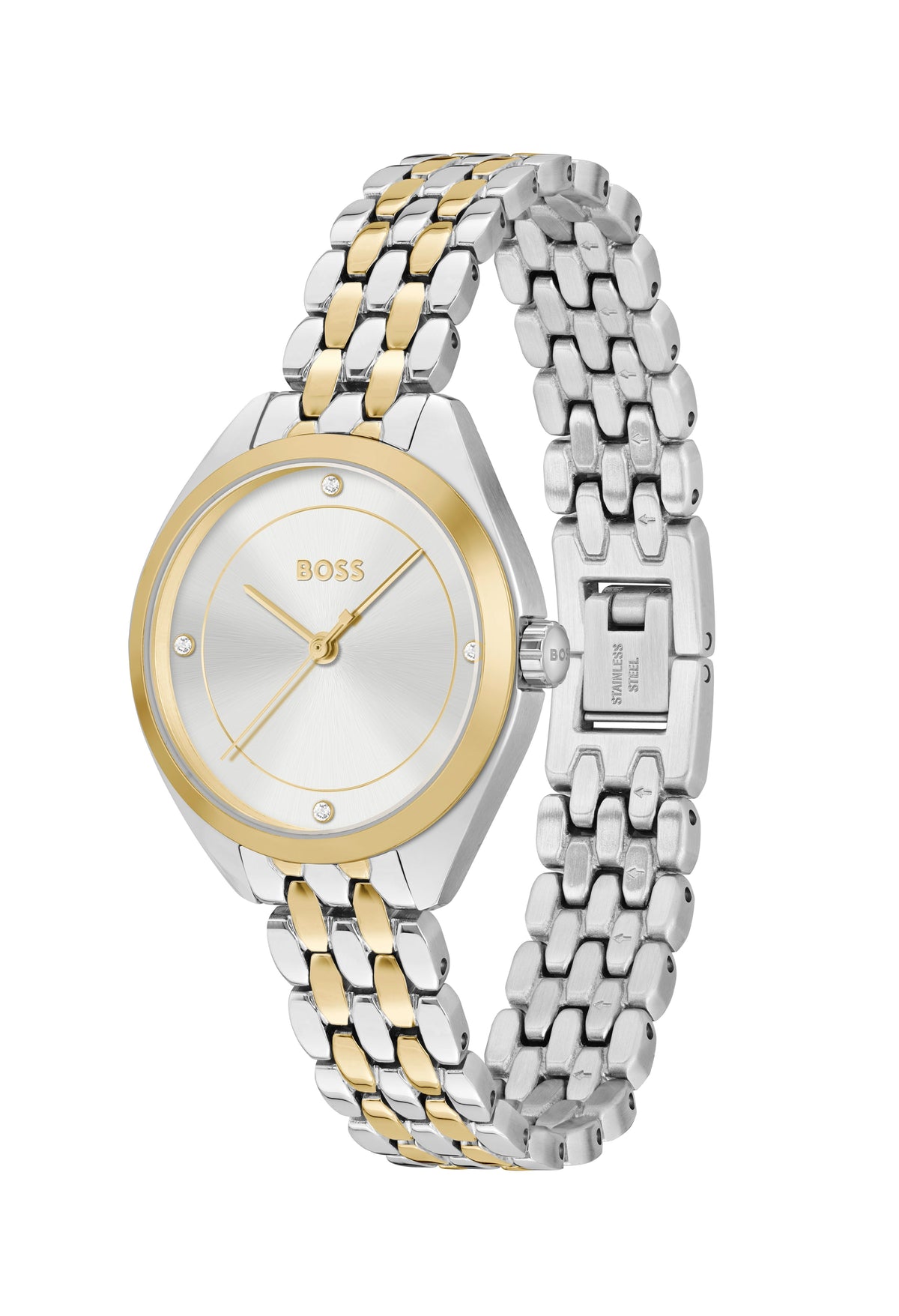 Close-up view of the Boss Ladies Mae watch, showcasing its silver dial, gold accents, and two-tone stainless steel bracelet.