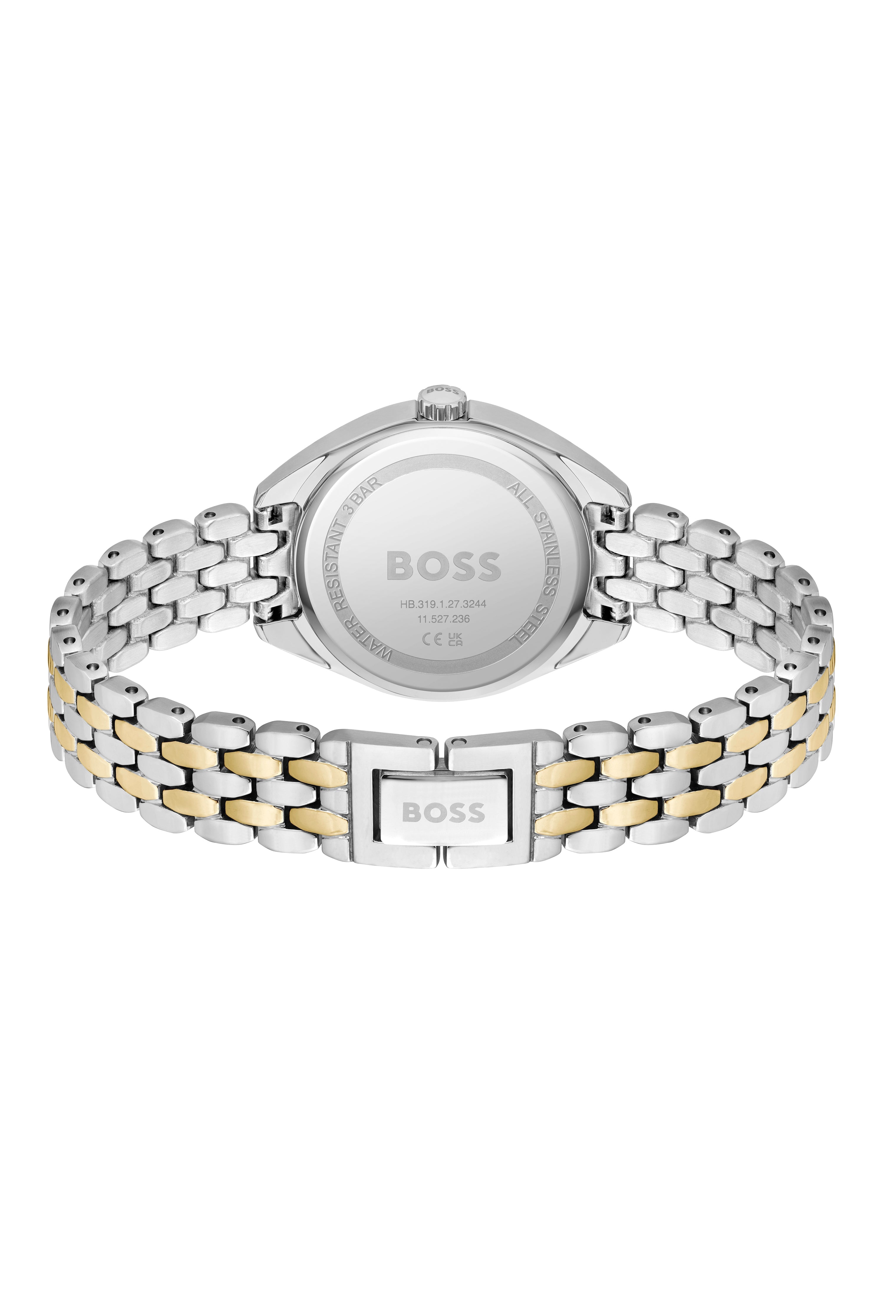Back of Boss Ladies Mae watch showing bracelet and stainless steel case with model number HB.319.1.27.3244.