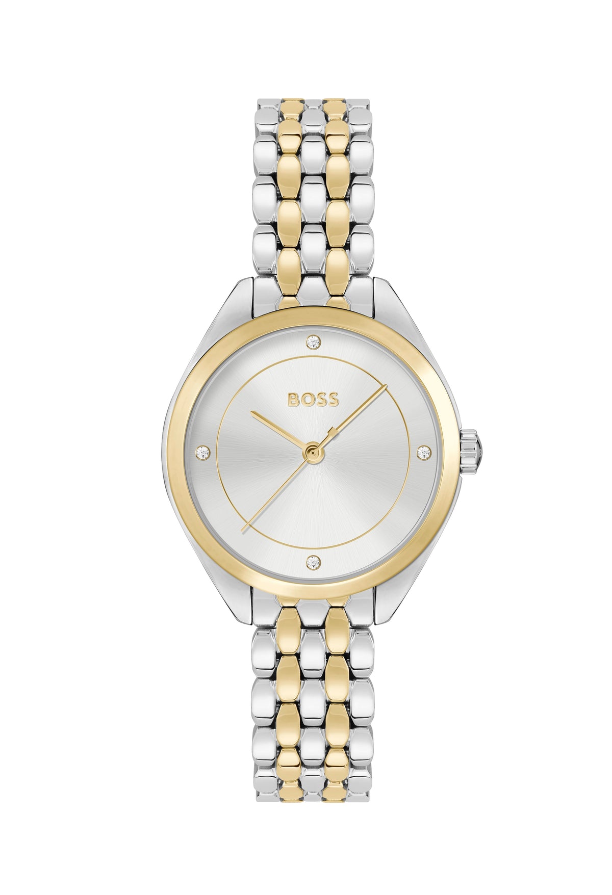 Boss Ladies Mae watch featuring a two-tone silver and gold bracelet with "BOSS" branding on the dial.
