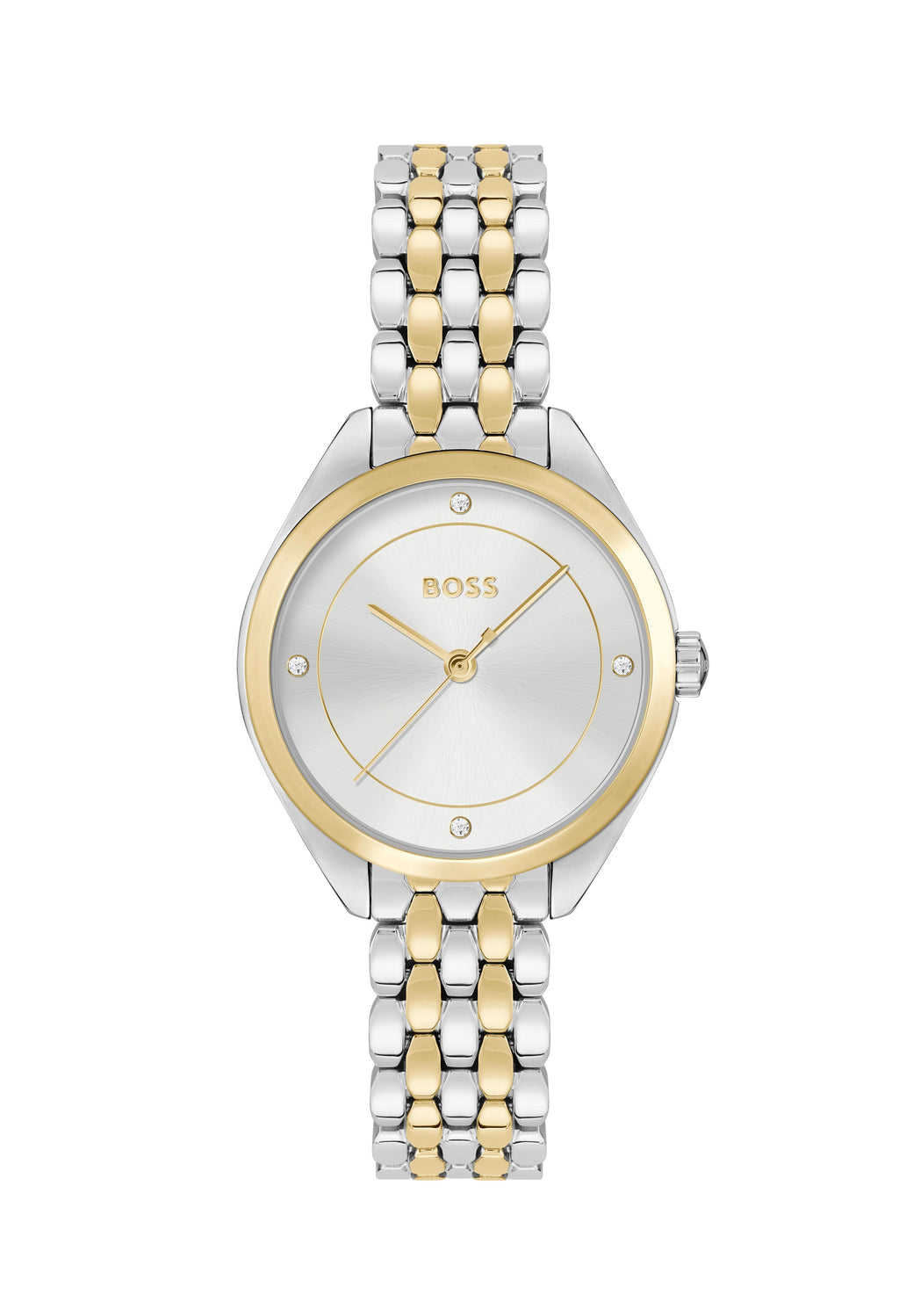 Boss Ladies Mae watch featuring a two-tone silver and gold bracelet with "BOSS" branding on the dial.
