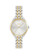 Boss Ladies Mae watch featuring a two-tone silver and gold bracelet with "BOSS" branding on the dial.
