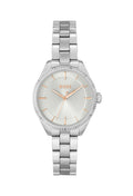 Boss Ladies watch showing dial detail, stainless steel bracelet. Silver dial with BOSS logo.
