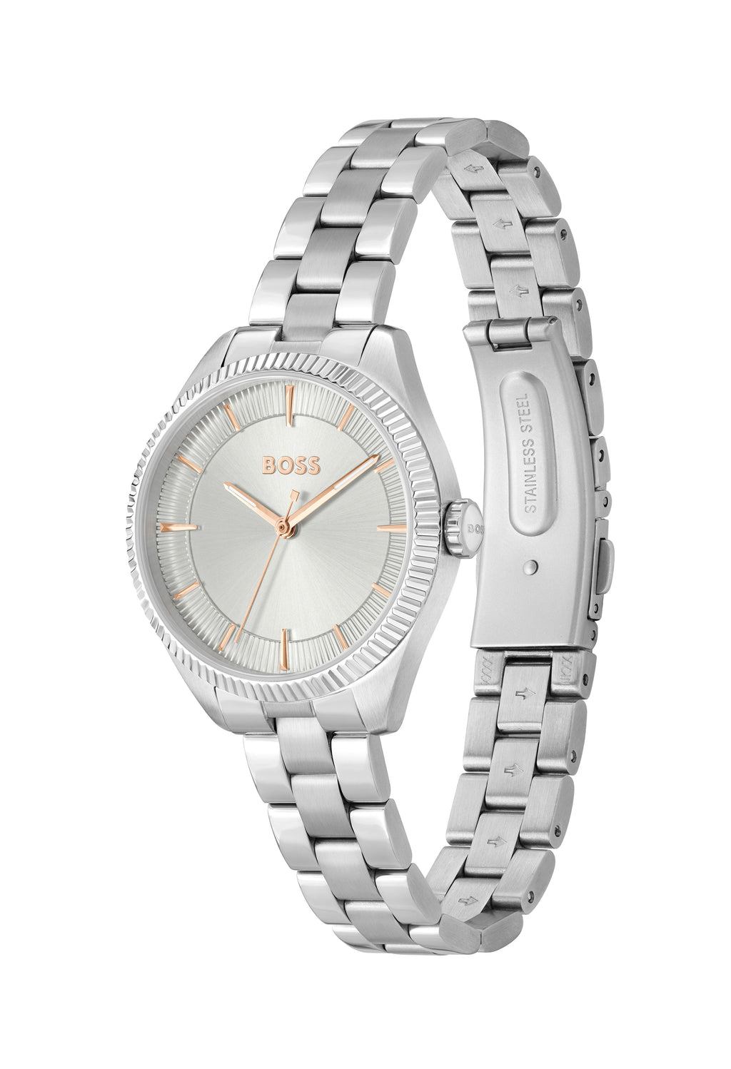Boss ladies watch with silver dial & stainless steel bracelet, showcasing style and precision timekeeping.