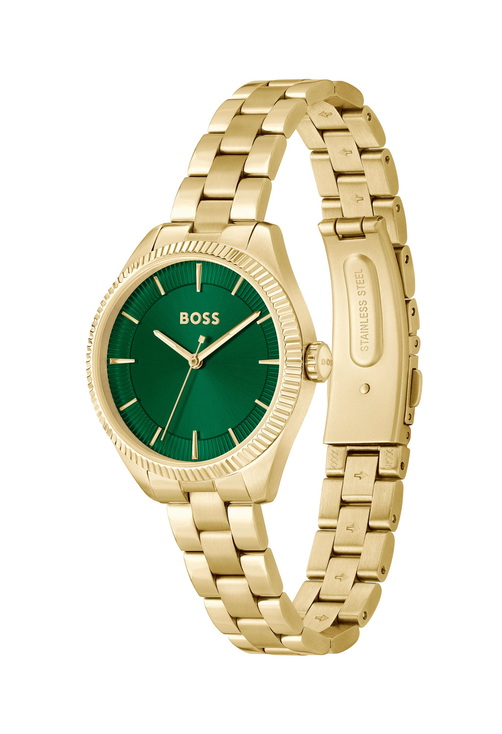 Close-up of the BOSS ladies watch featuring a sage green dial, gold plated bracelet, showcasing its design.