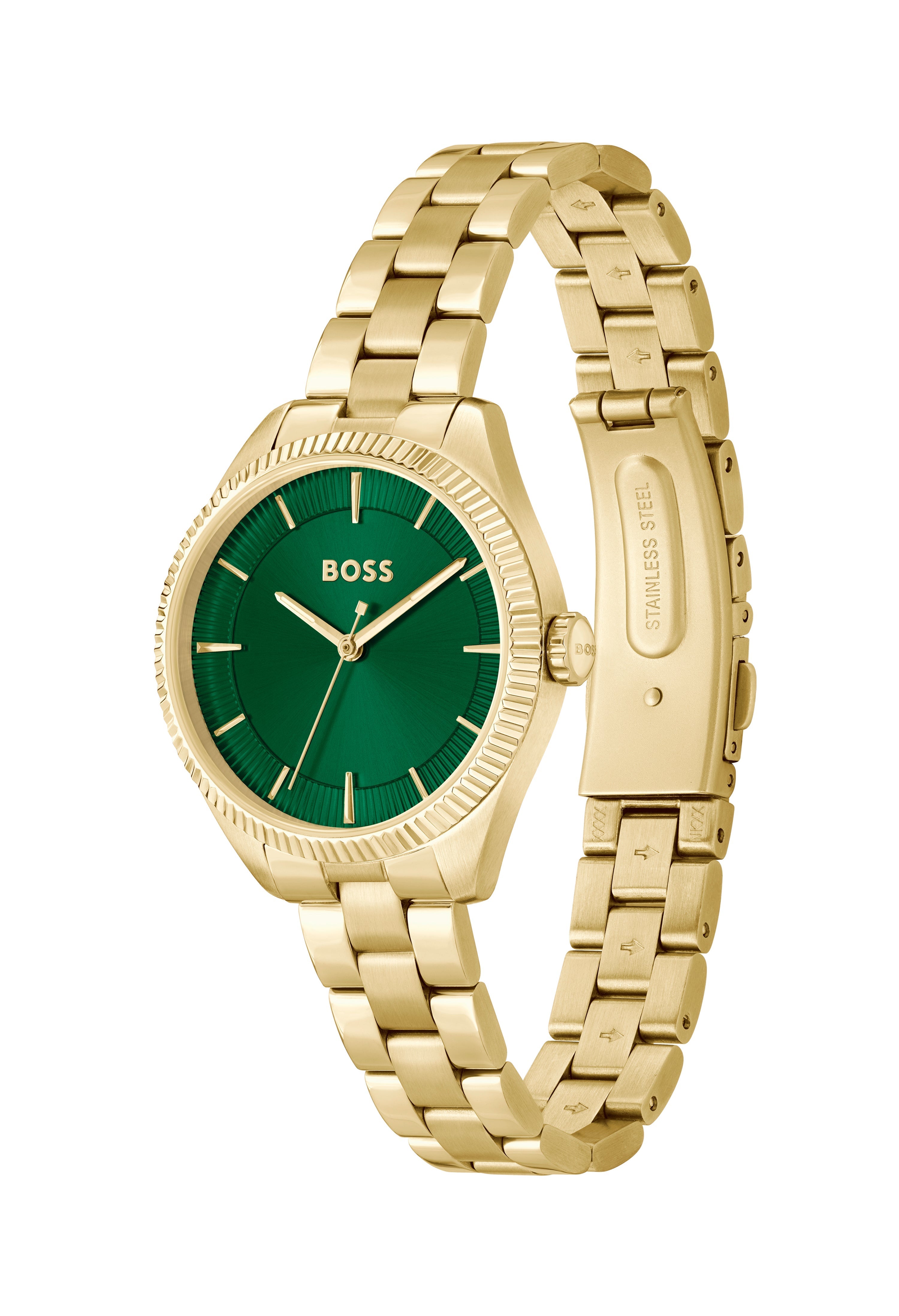 Close-up of the BOSS ladies watch featuring a sage green dial, gold plated bracelet, showcasing its design.