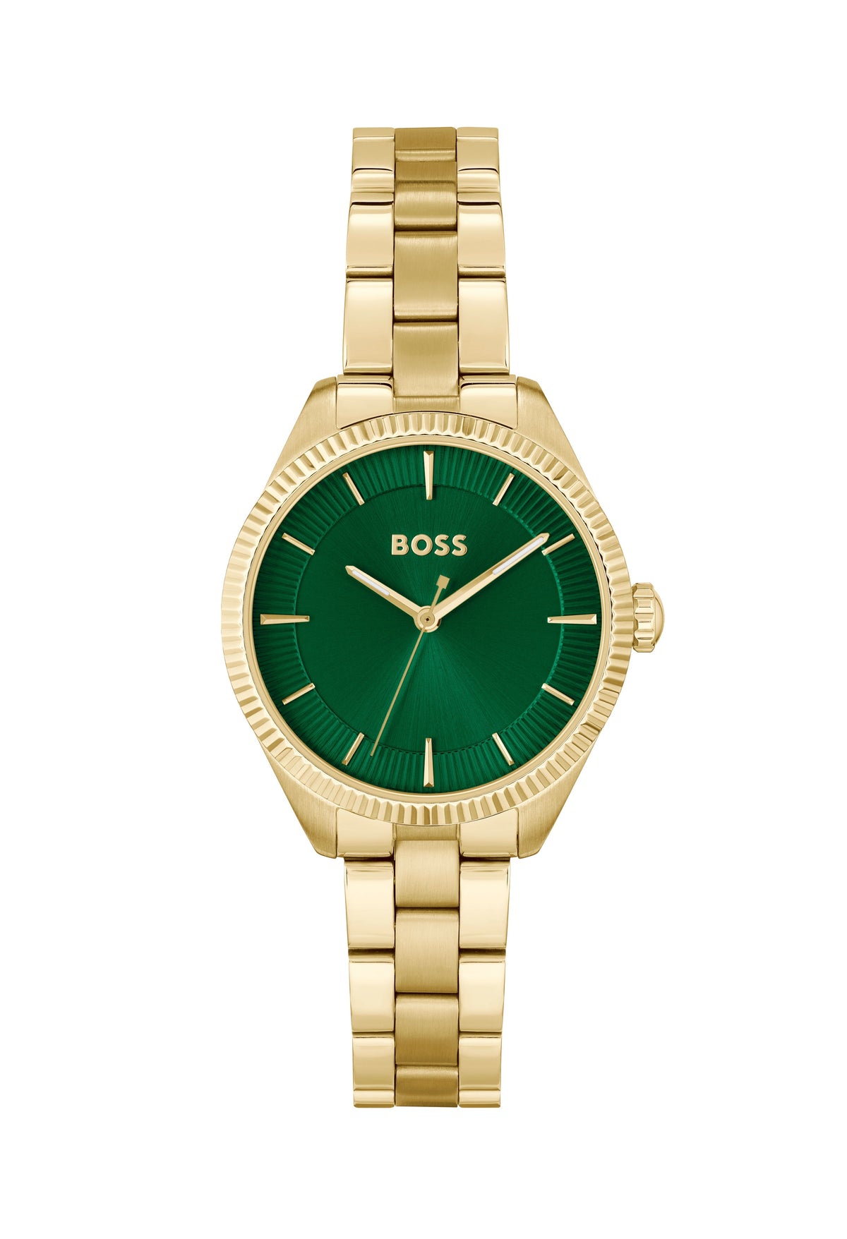 BOSS watch featuring a sage green dial and gold plated bracelet. Stylish time piece for women.