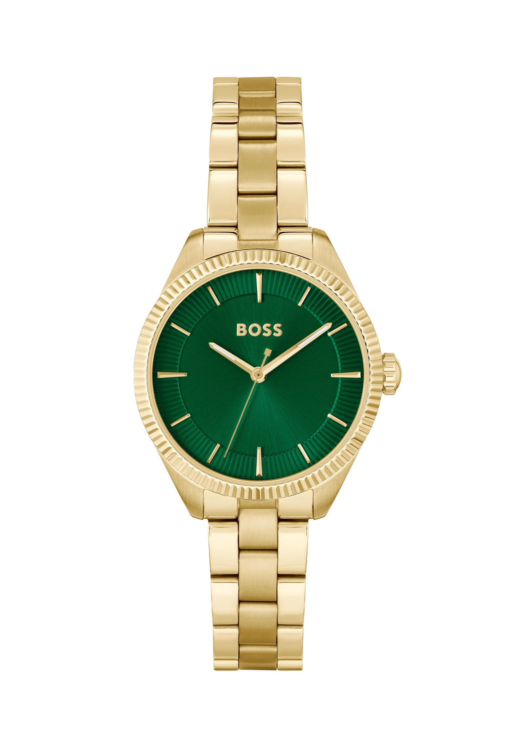BOSS watch featuring a sage green dial and gold plated bracelet. Stylish time piece for women.