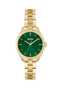 BOSS watch featuring a sage green dial and gold plated bracelet. Stylish time piece for women.