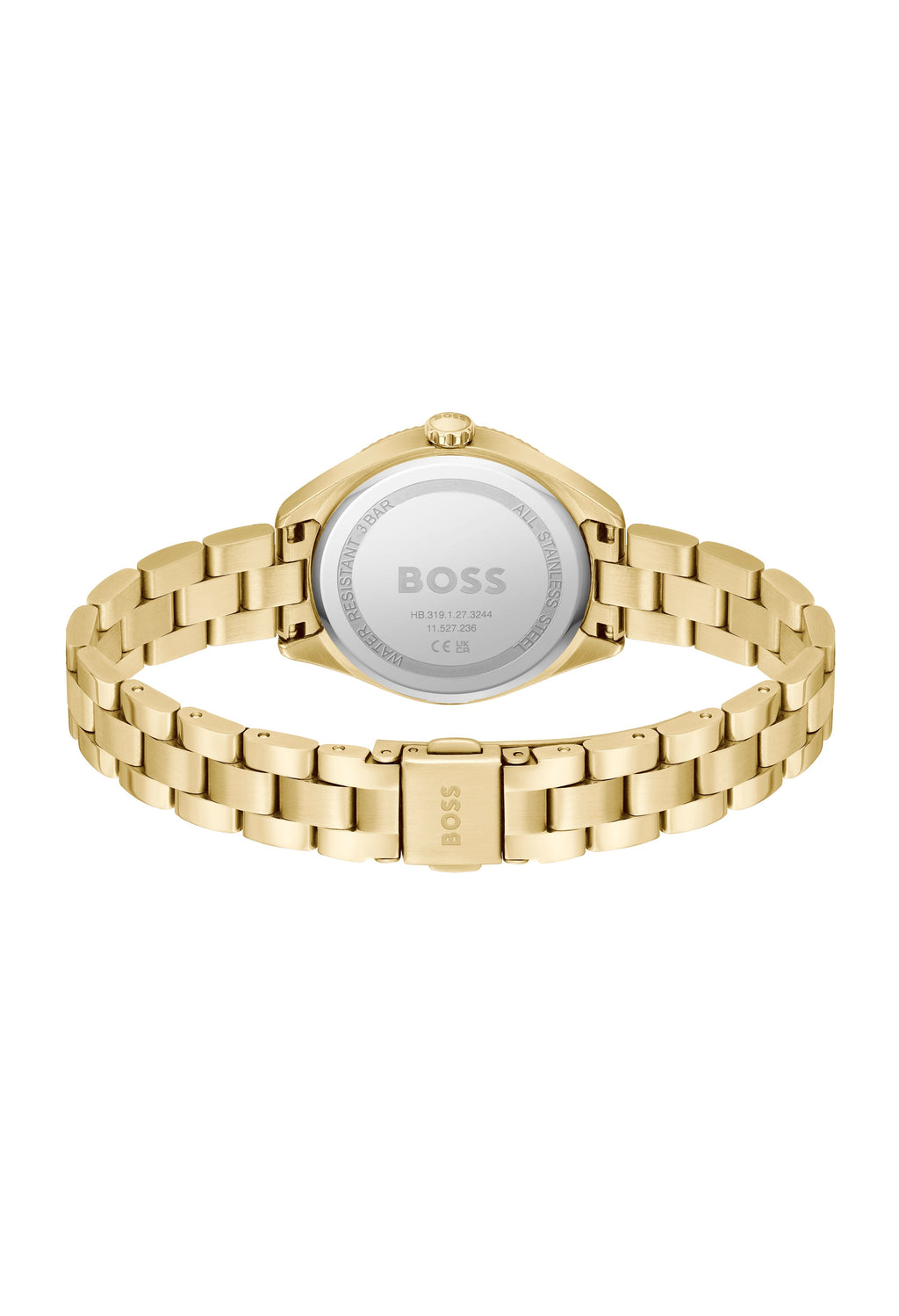 Back view of the BOSS Ladies Sage Green Dial watch, showing the gold-plated bracelet and stainless steel case.
