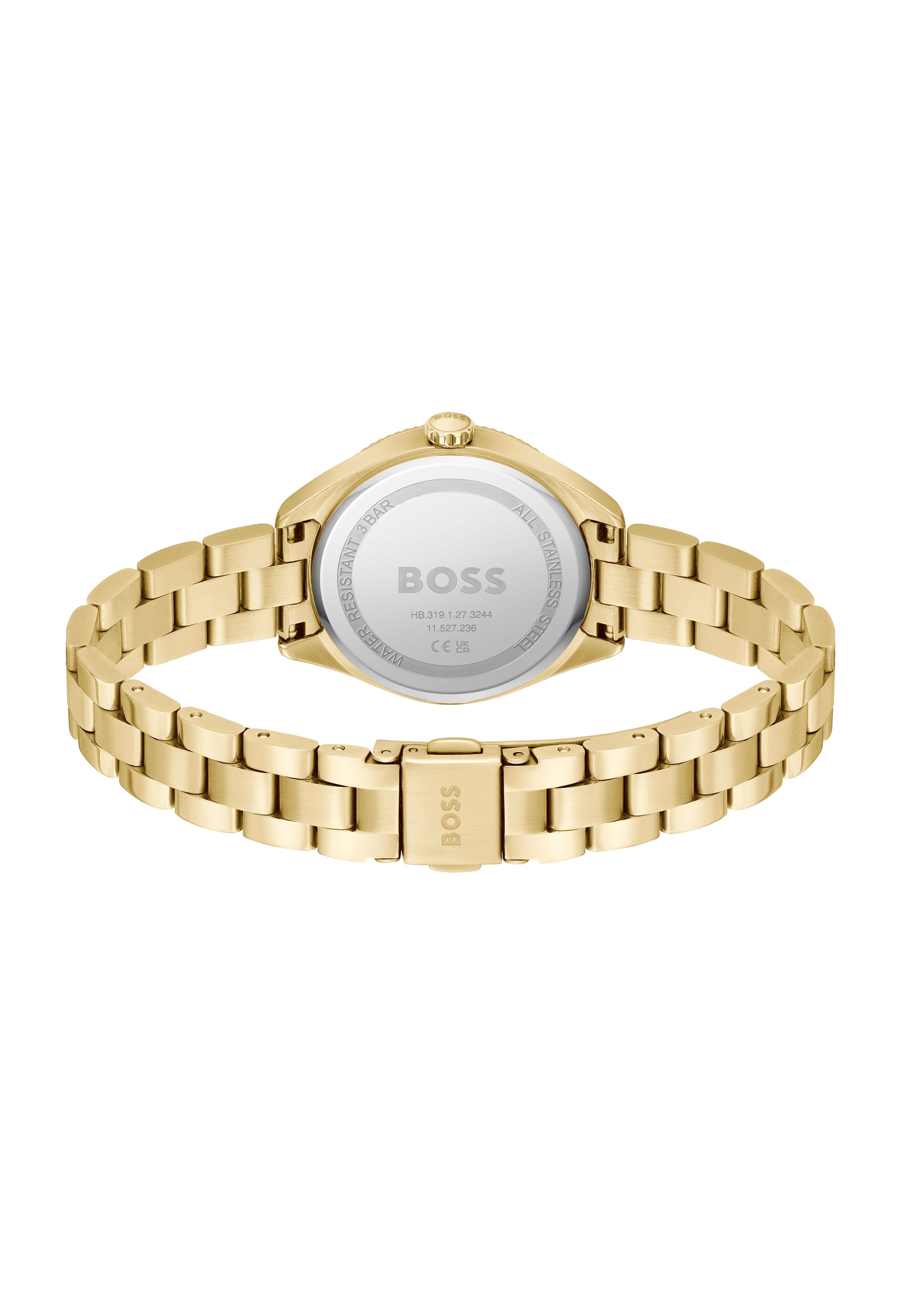 Back view of the BOSS Ladies Sage Green Dial watch, showing the gold-plated bracelet and stainless steel case.