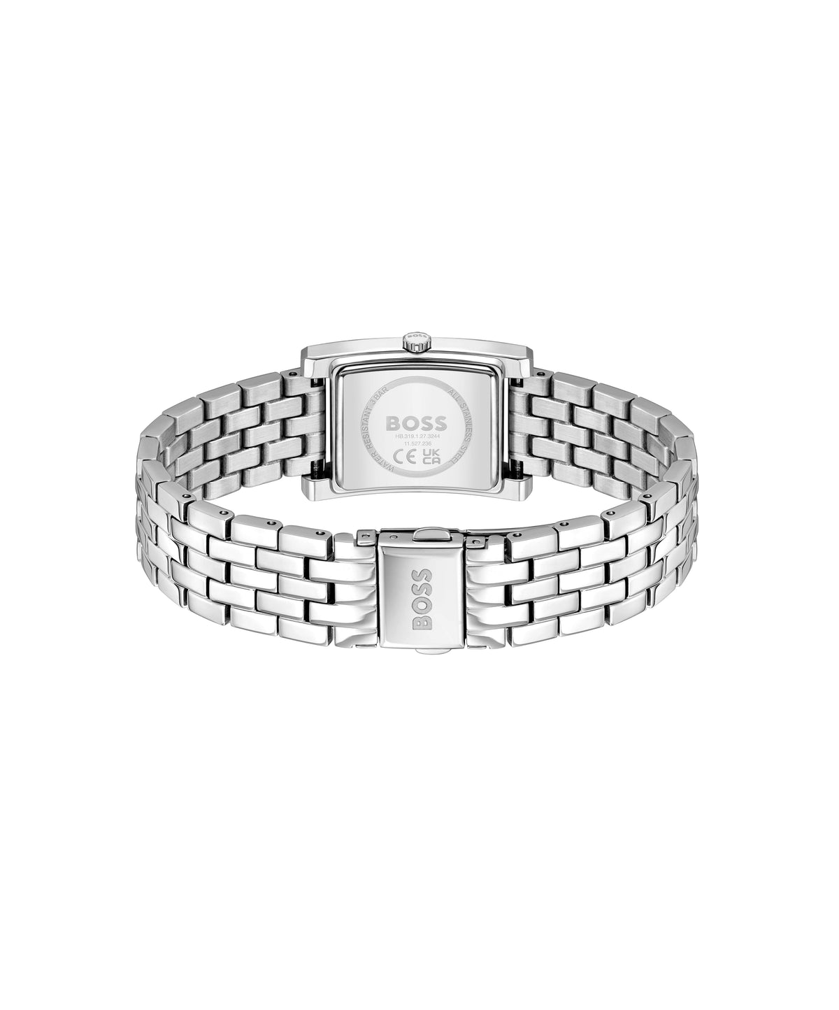 Back view of the BOSS Lucy ladies watch displaying its stainless steel bracelet, model number & branding details.