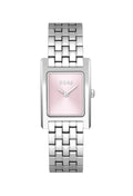 BOSS Lucy ladies' watch with pink dial and stainless steel bracelet, close-up view. Elegant timepiece detail.
