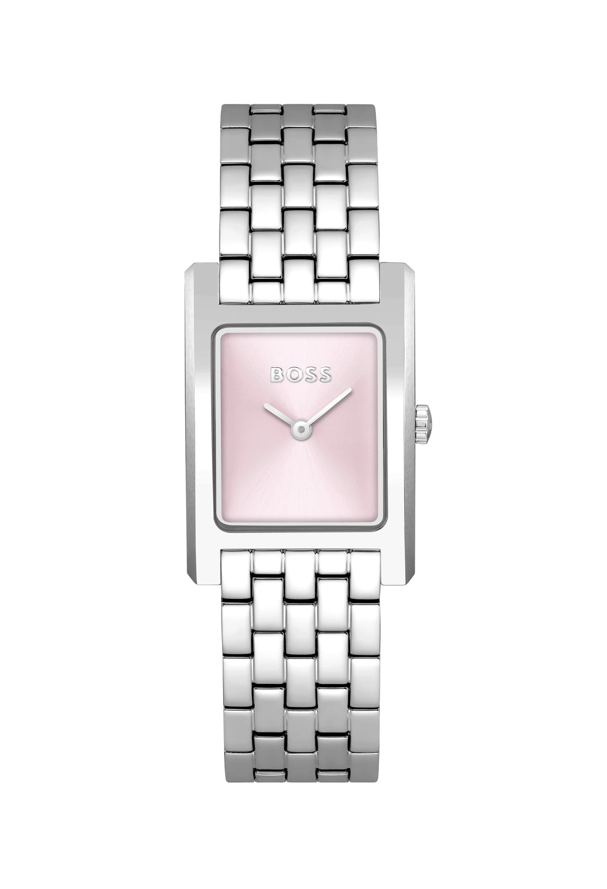BOSS Lucy ladies' watch with pink dial and stainless steel bracelet, close-up view. Elegant timepiece detail.