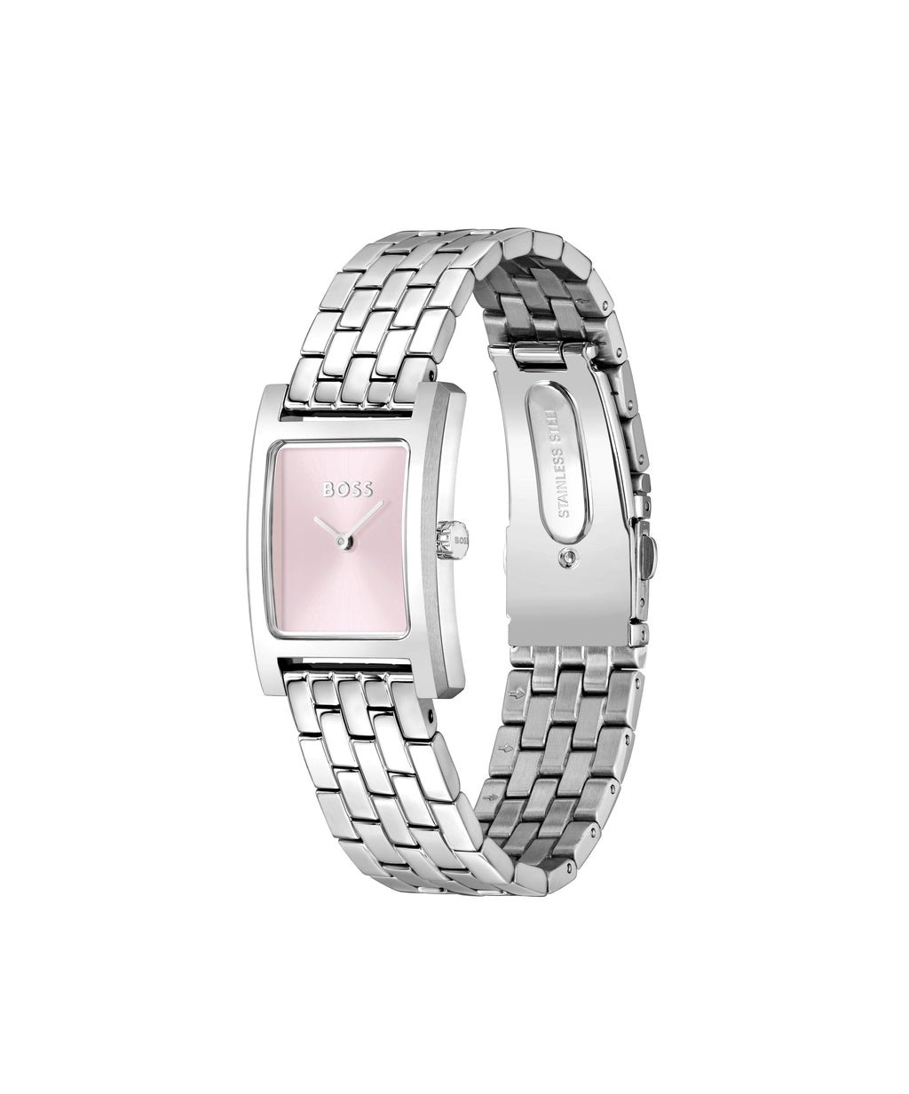 Close-up of BOSS Ladies Lucy watch showcasing its pink dial and stainless steel bracelet.