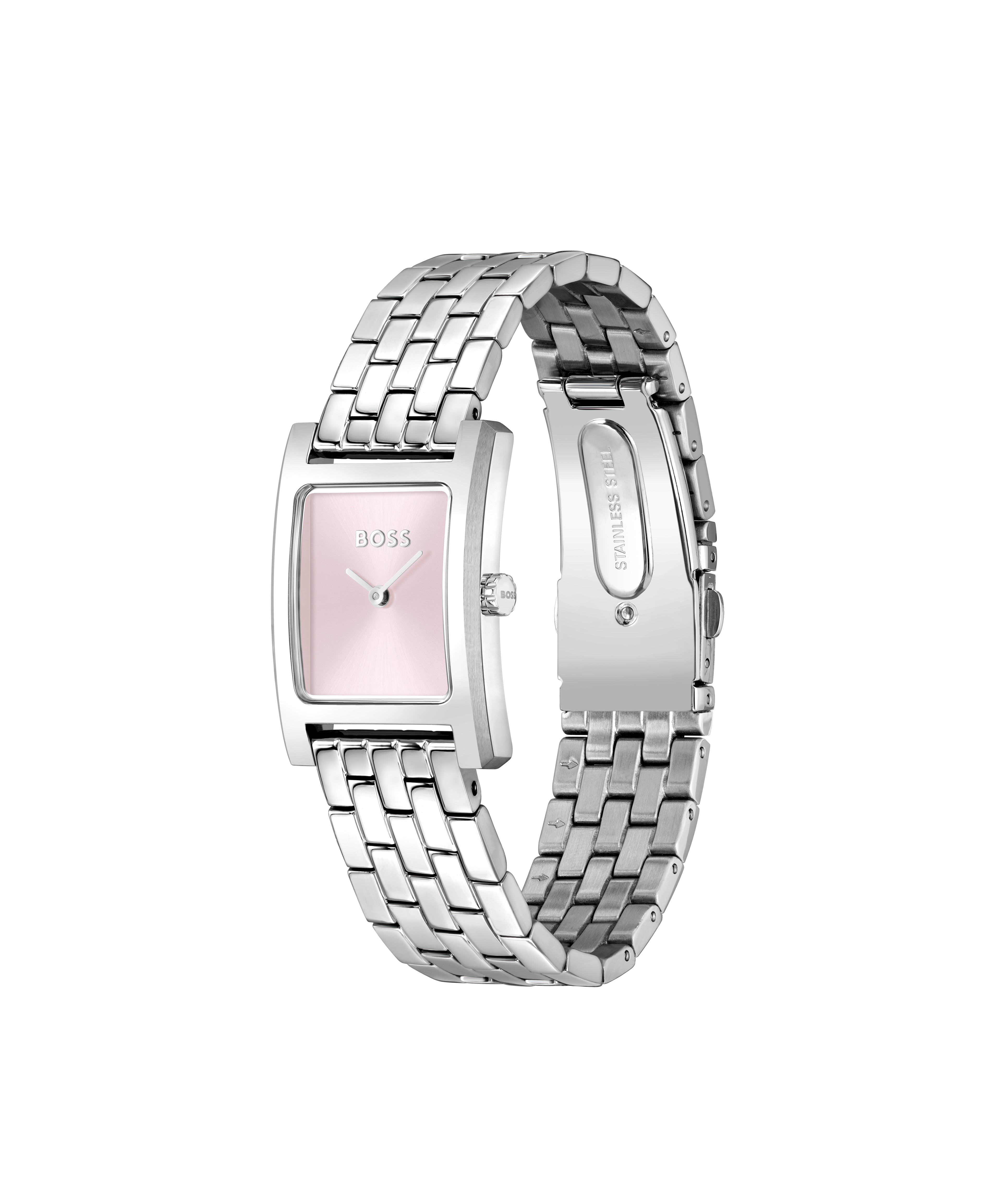 Close-up of BOSS Ladies Lucy watch showcasing its pink dial and stainless steel bracelet.