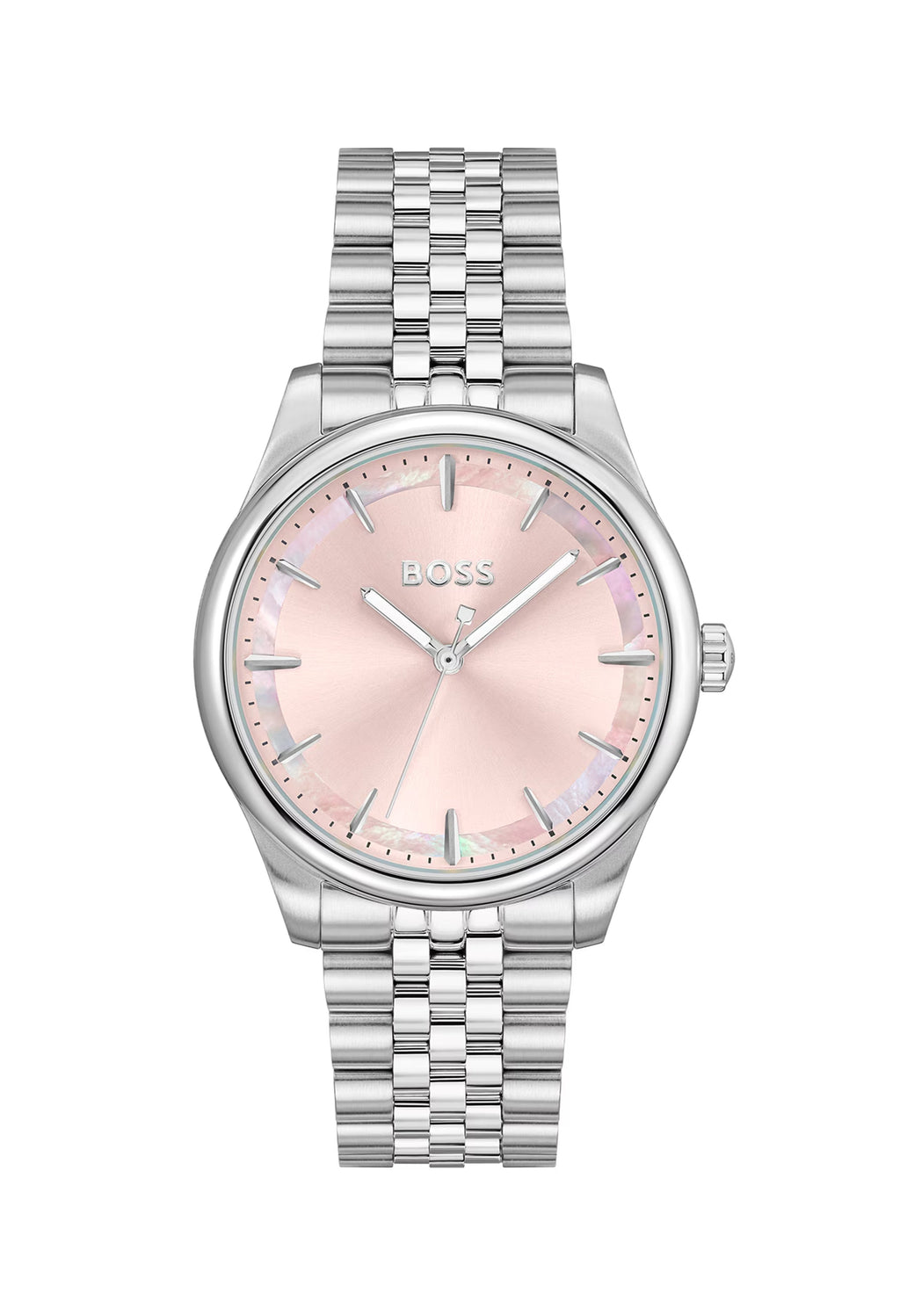 BOSS ladies stainless steel watch, featuring a pink dial and bracelet, showing the full timepiece.