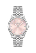 BOSS ladies stainless steel watch, featuring a pink dial and bracelet, showing the full timepiece.