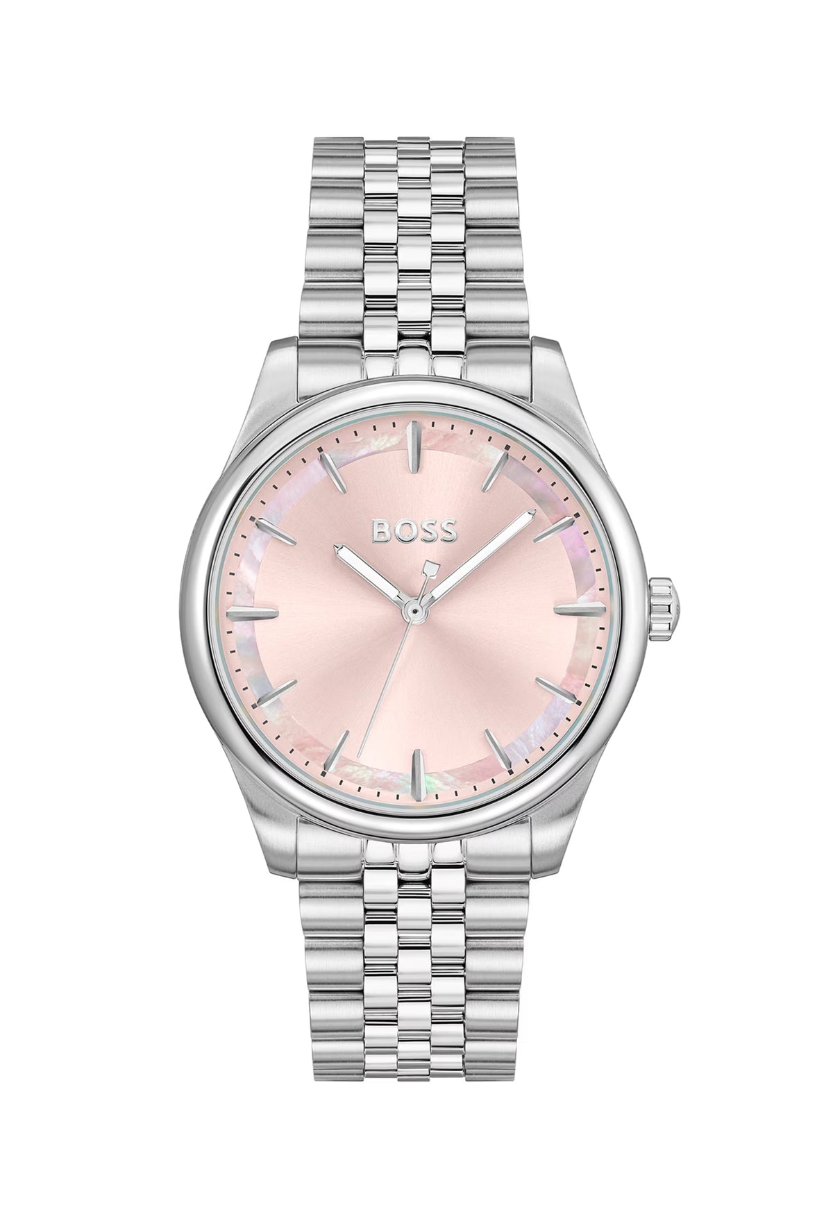 BOSS ladies stainless steel watch, featuring a pink dial and bracelet, showing the full timepiece.