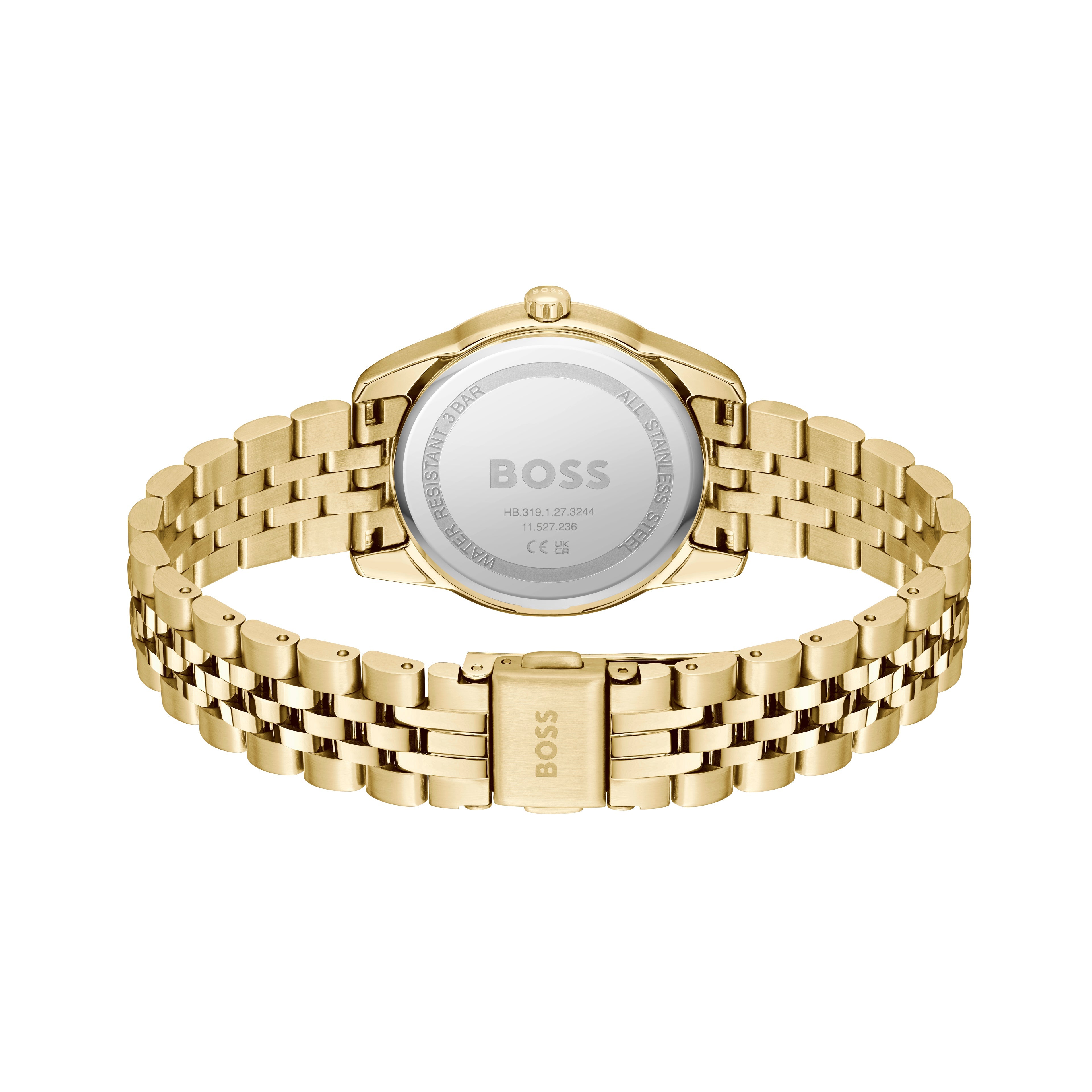 Back of a gold-toned BOSS wristwatch with a metal band.
