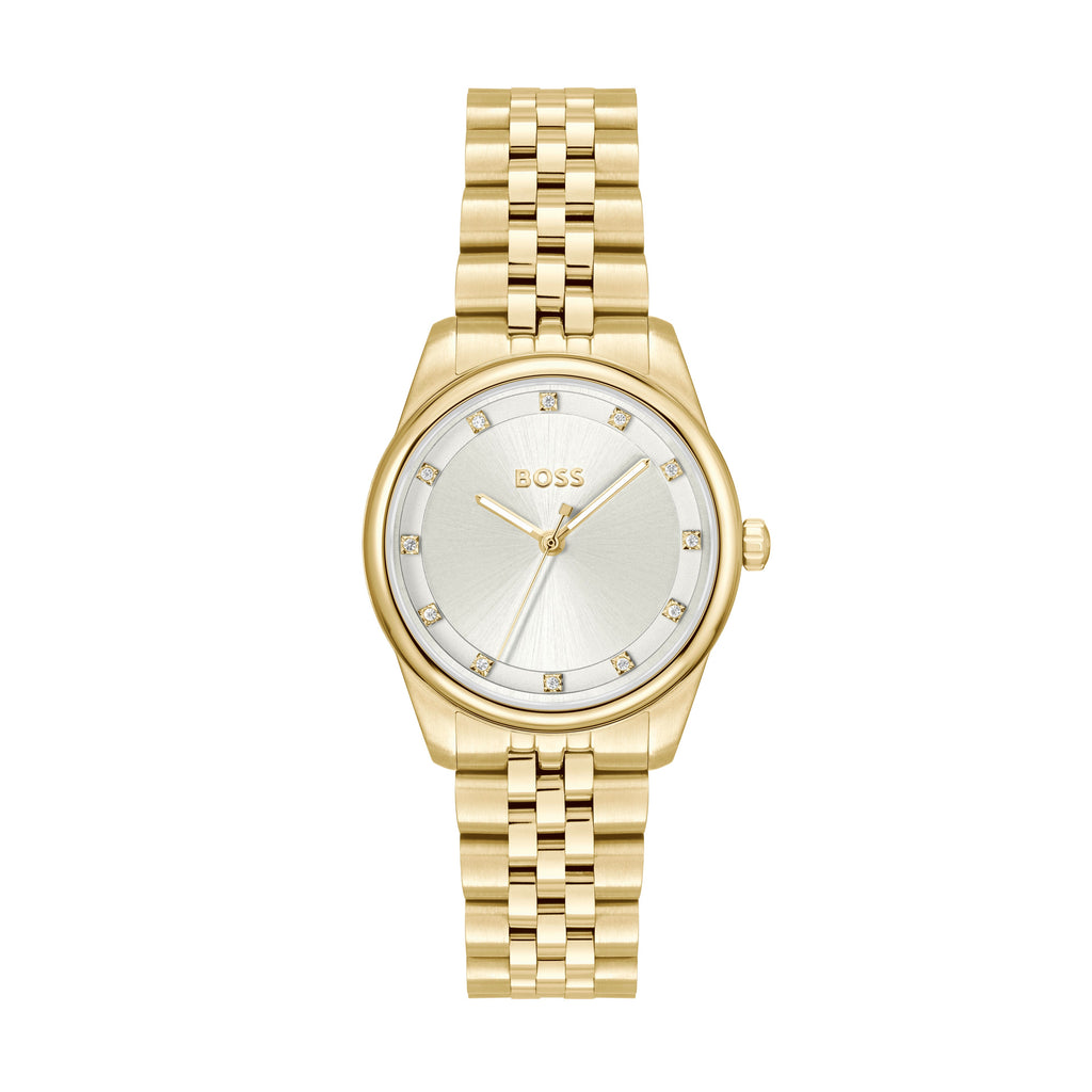 Gold-tone BOSS watch with crystal hour markers.