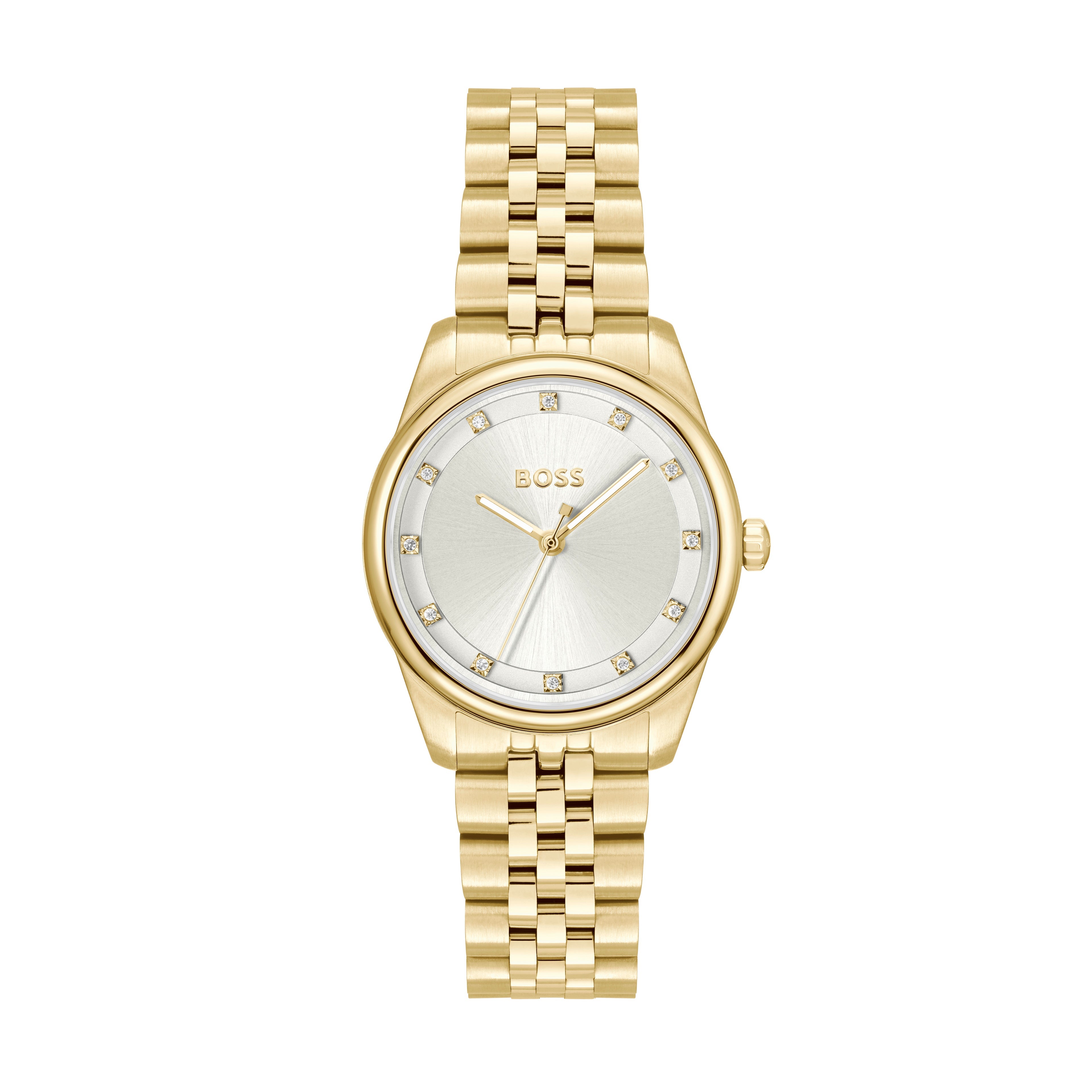 Gold-tone BOSS watch with crystal hour markers.