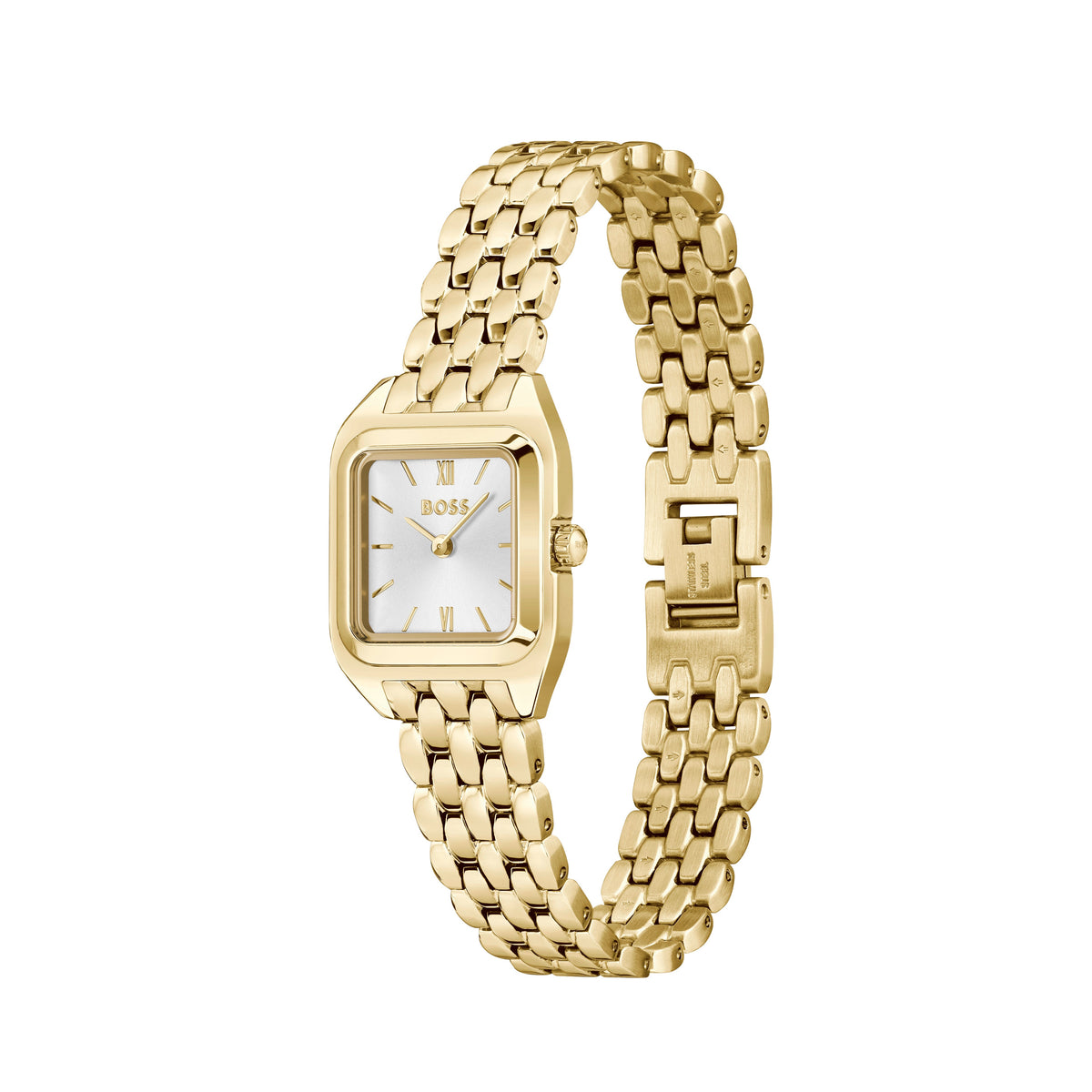 Gold BOSS women's watch with a white face.