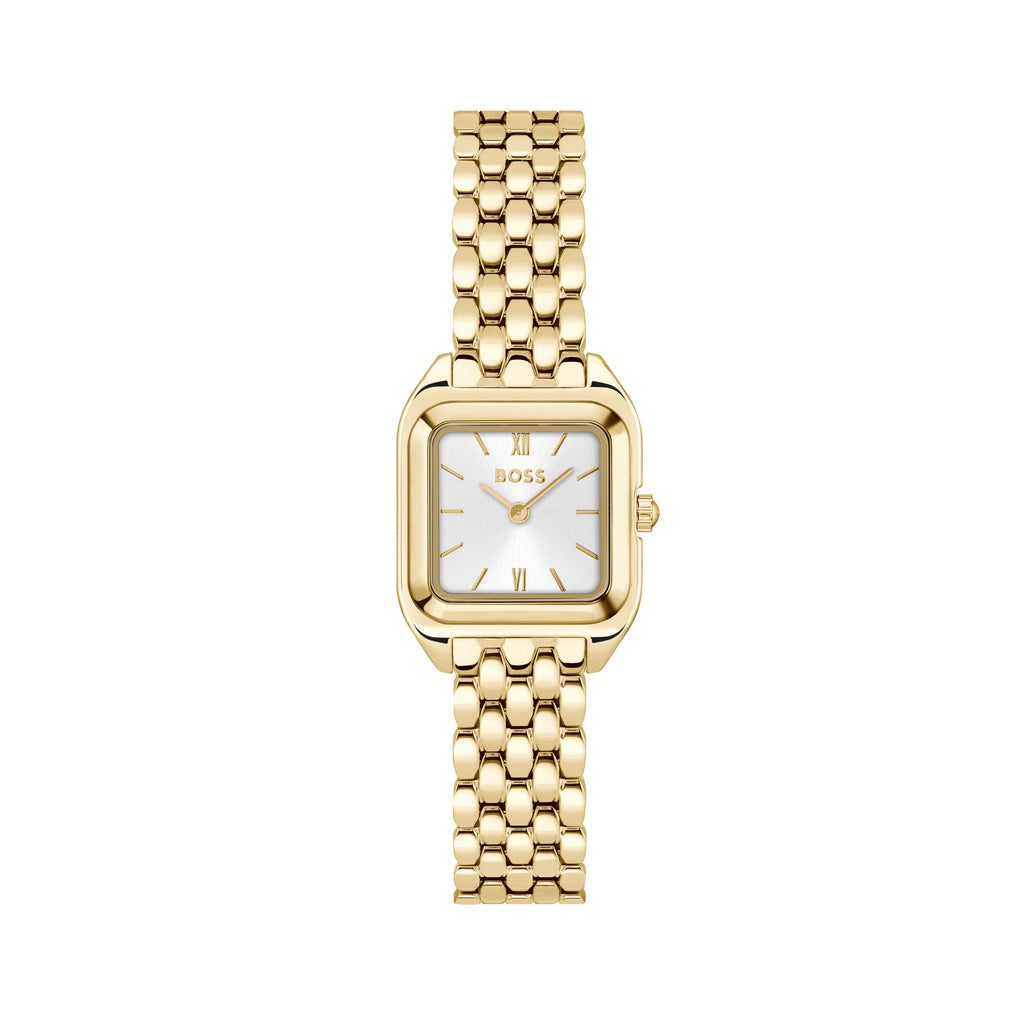 Gold-tone watch with silver face.