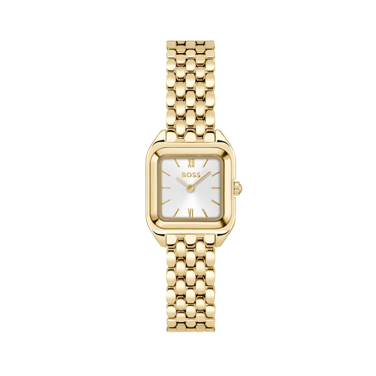 Gold-tone watch with silver face.
