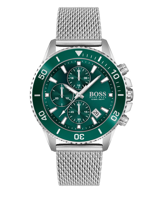 BOSS Mens Admiral Green Chronograph Dial Mesh Bracelet Watch *