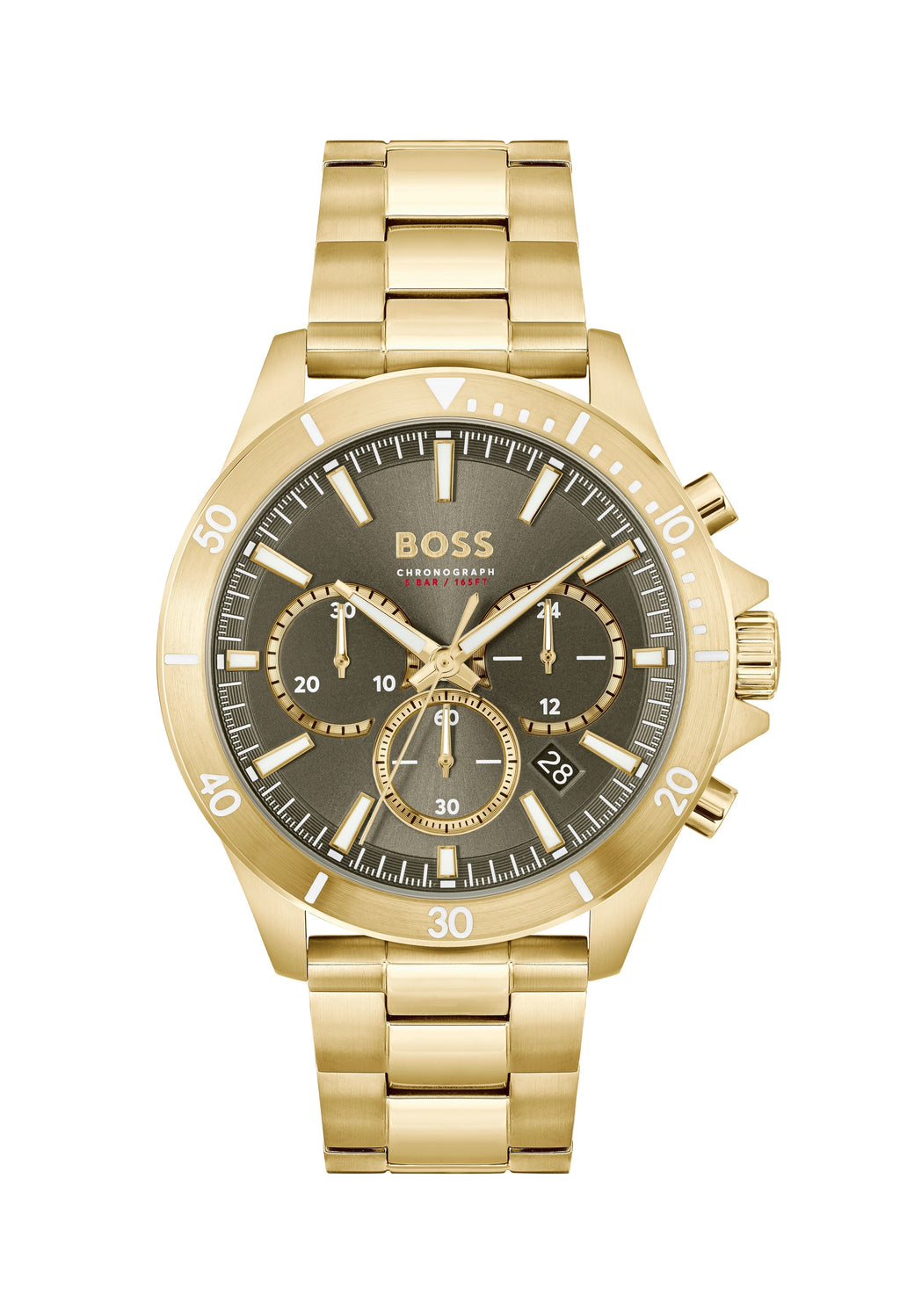 Close-up of the Boss Troper watch highlighting its olive green chronograph dial, gold-plated case, and gold bracelet.