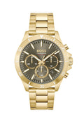 Close-up of the Boss Troper watch highlighting its olive green chronograph dial, gold-plated case, and gold bracelet.