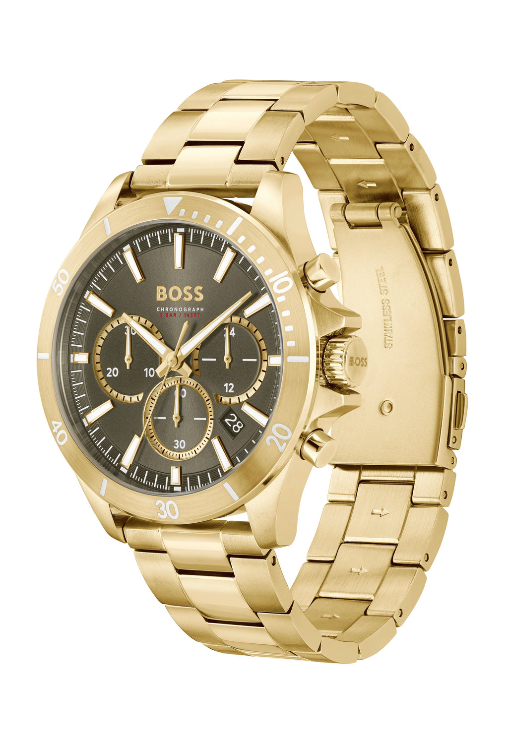 Close-up of the Boss Troper gold-plated bracelet watch, showcasing the olive green chronograph dial and stainless steel band.