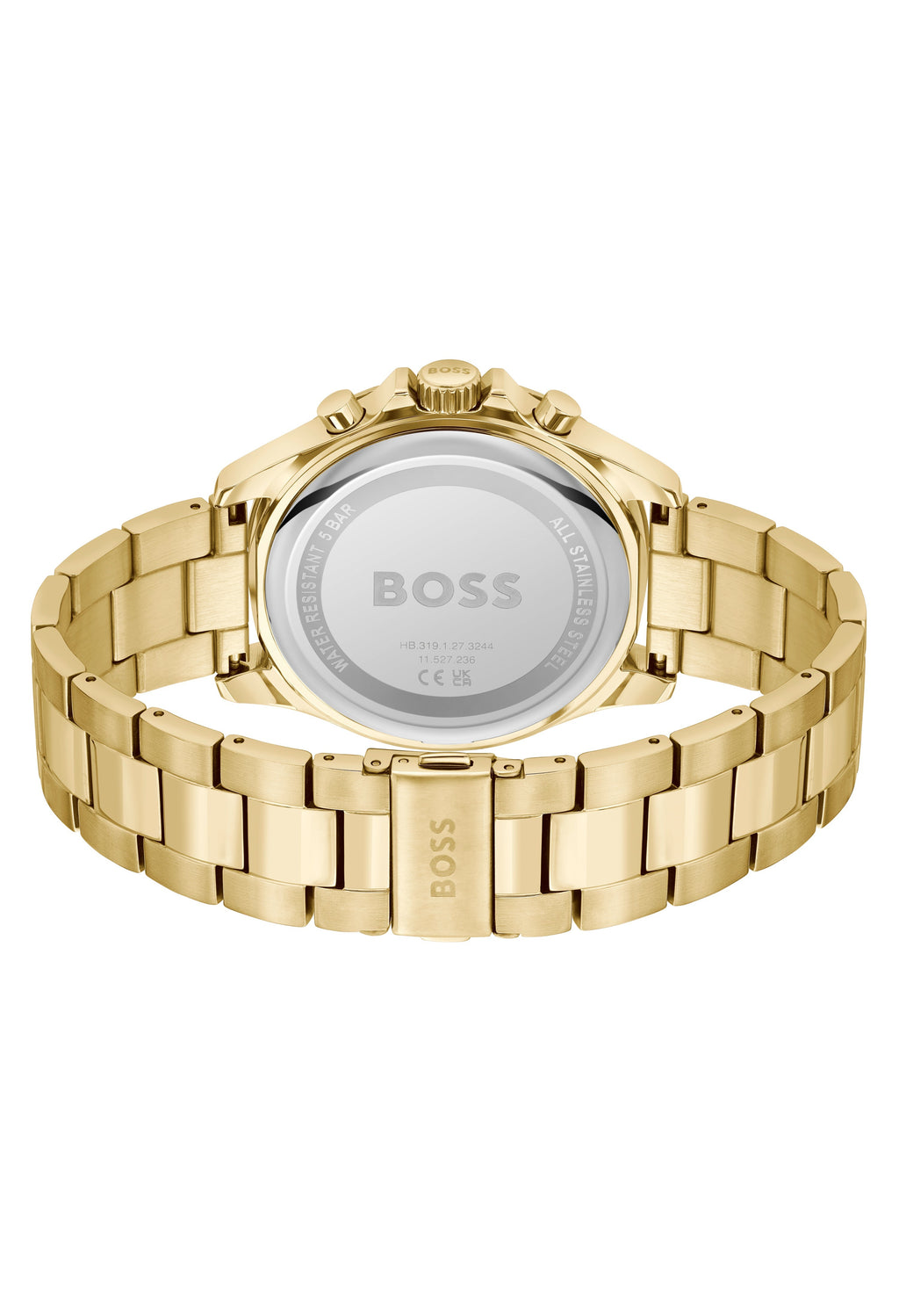 Back view of the gold Boss Troper watch showcasing its bracelet, case details, and model number HB.319.1.27.3244.