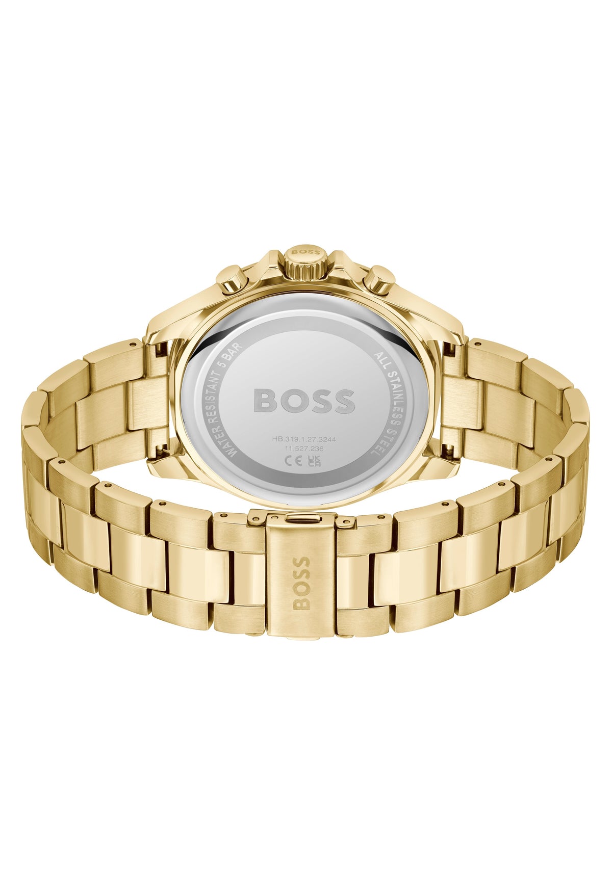 Back view of the gold Boss Troper watch showcasing its bracelet, case details, and model number HB.319.1.27.3244.
