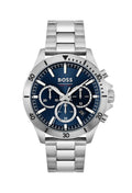 Close-up of the BOSS Troper Chronograph watch showcasing its blue dial, stainless steel bracelet, and chronograph features.
