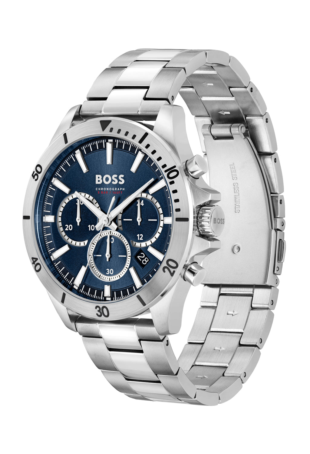 Close-up of the BOSS Troper chronograph watch in blue, showcasing its stainless steel bracelet and dial details.