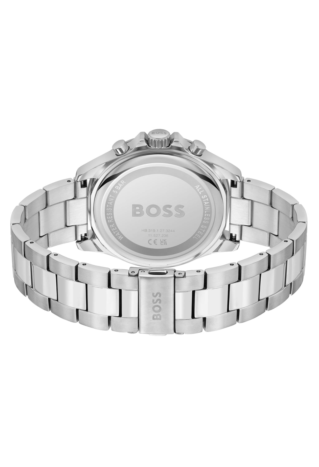 Back view of the BOSS Troper stainless steel watch showcasing the bracelet and engraved details.