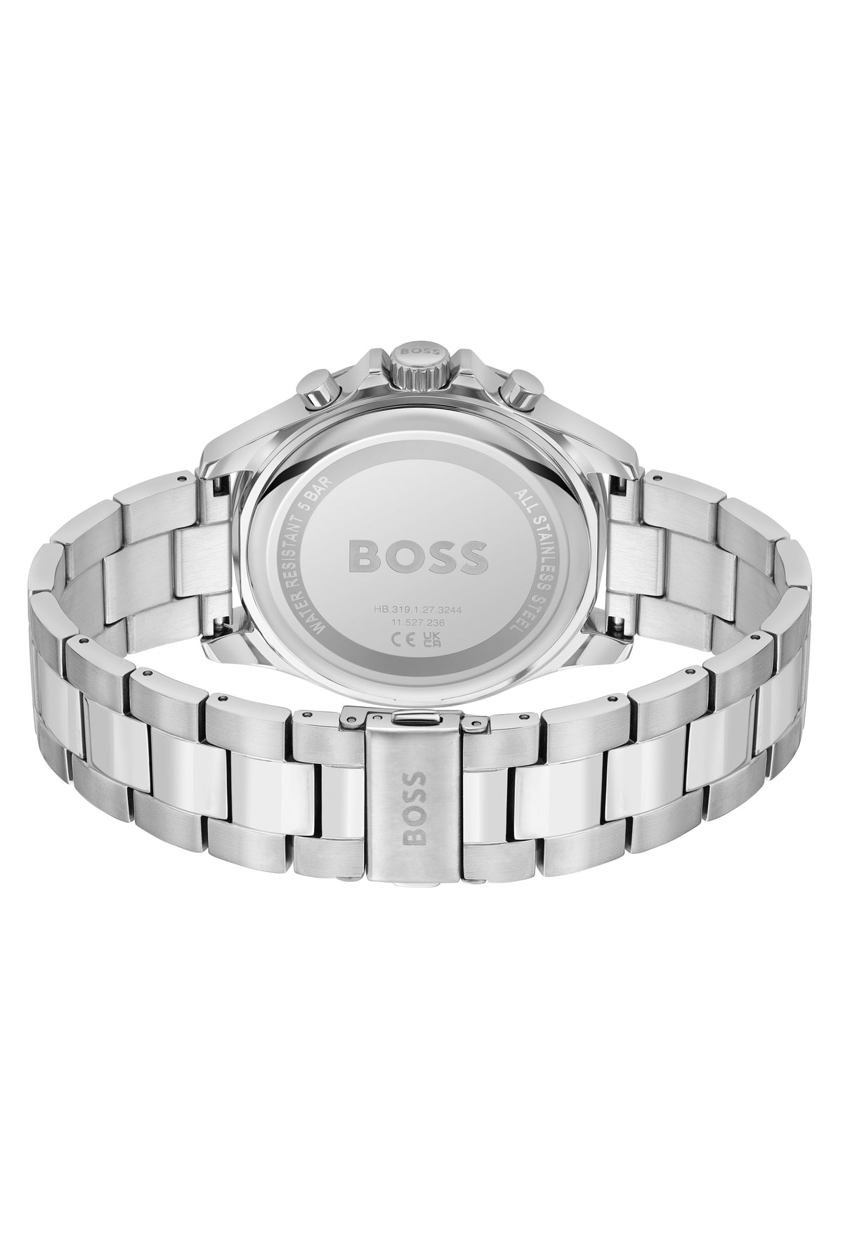 Back view of the BOSS Troper stainless steel watch showcasing the bracelet and engraved details.