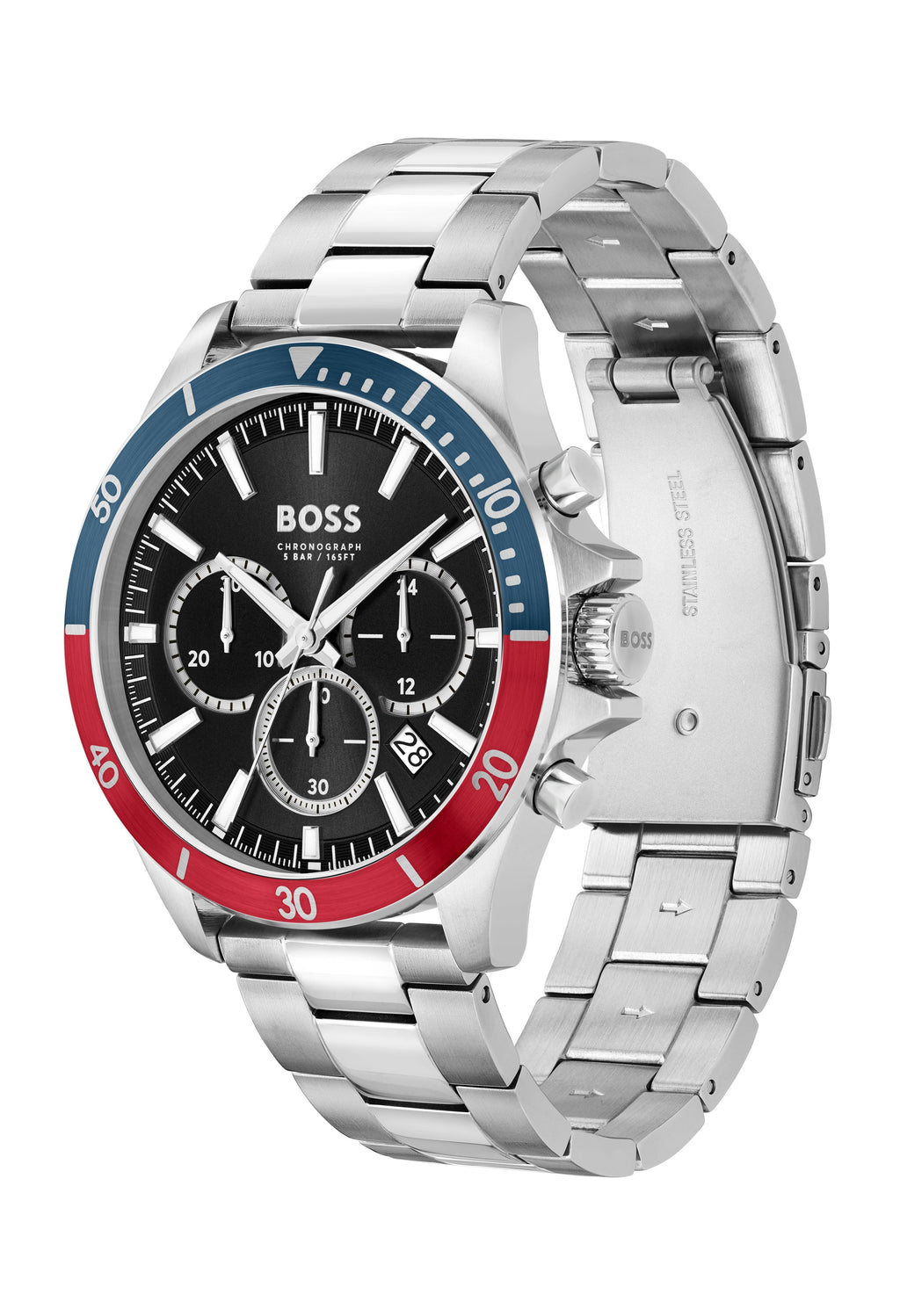 Close-up of the BOSS Troper watch, showcasing the chronograph dial and stainless steel band.