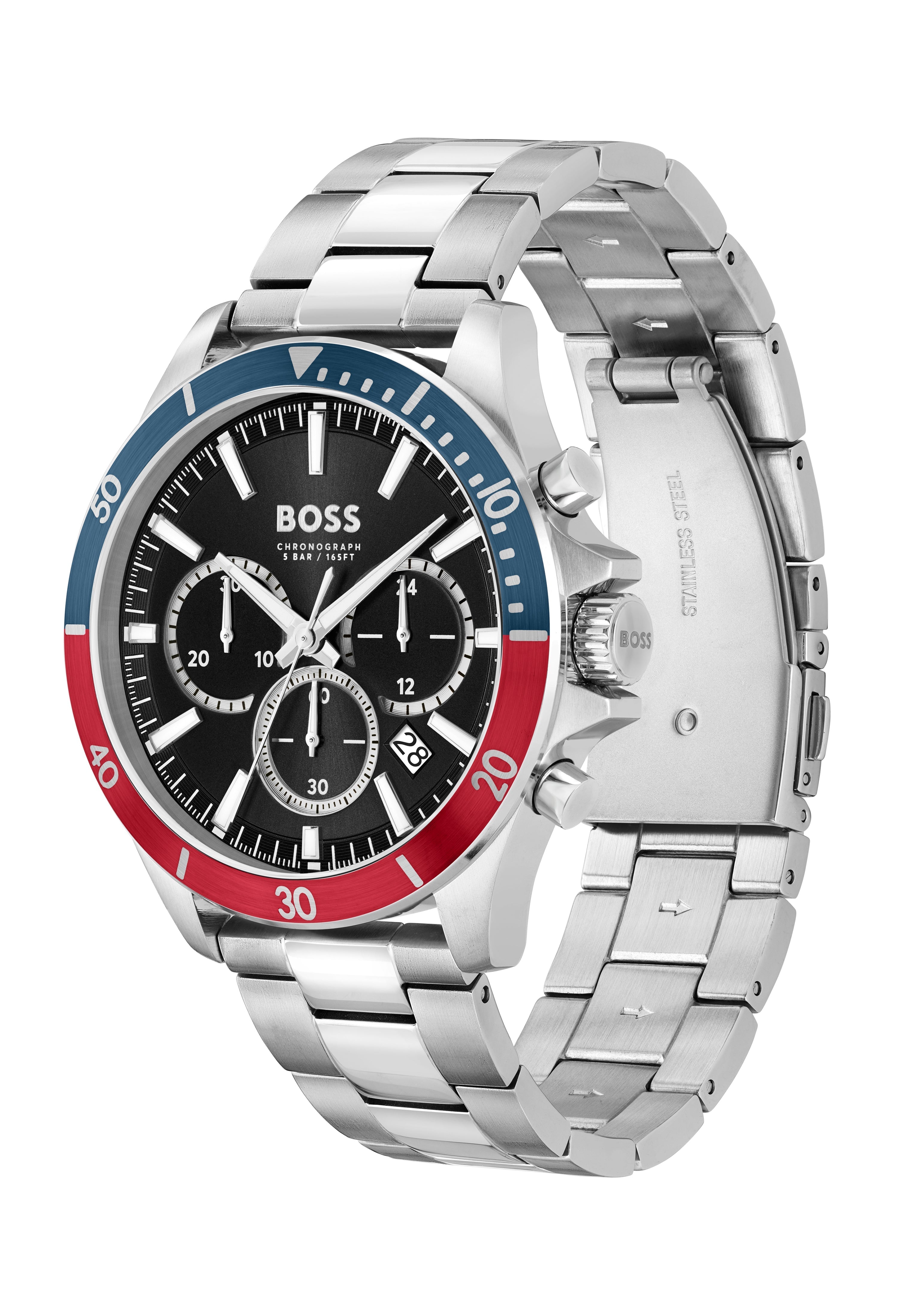 Close-up of the BOSS Troper watch, showcasing the chronograph dial and stainless steel band.