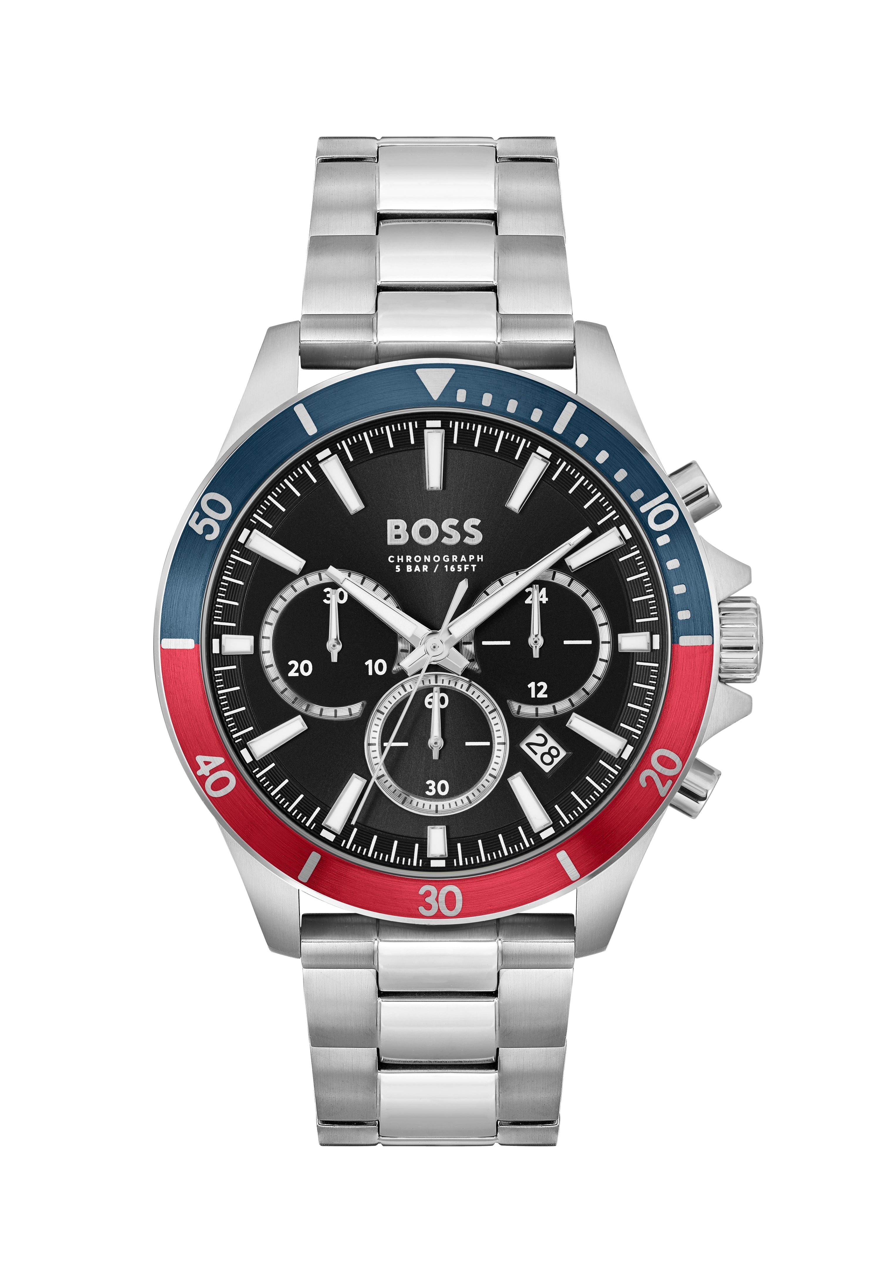 Close-up of BOSS Troper chronograph watch showcasing black dial, stainless steel band, & red/blue bezel.