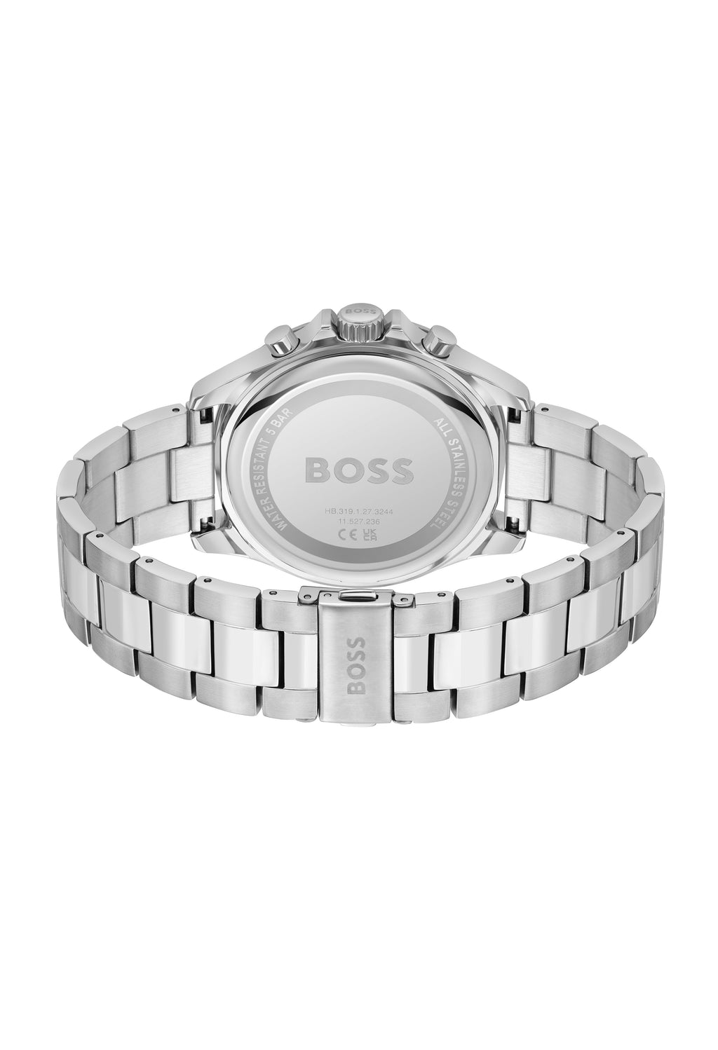 Back view of the BOSS Troper watch. Shows stainless steel band, caseback, "Water Resistant 5 BAR" & model number.