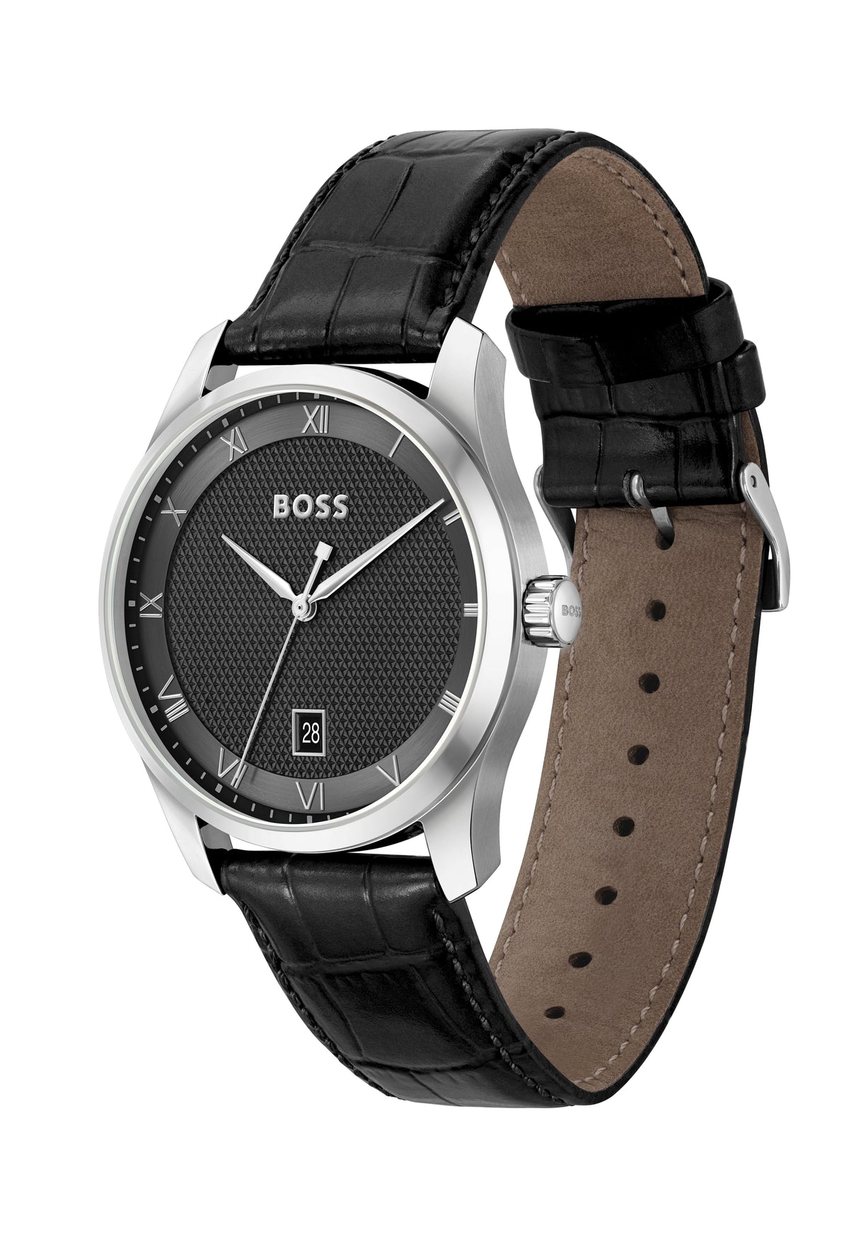 Close-up of BOSS Principle watch showcasing black textured dial, stainless steel case, and black leather strap.