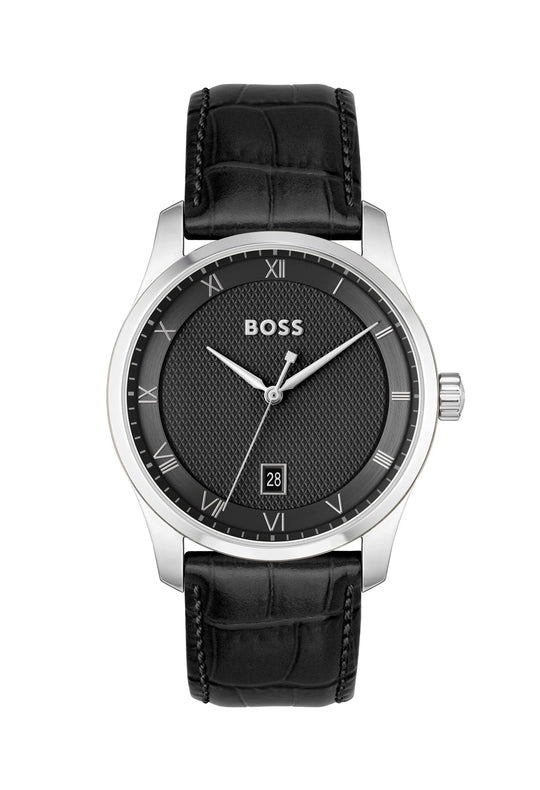 BOSS Mens Principle Black Roman Dial Strap Stainless Steel Watch