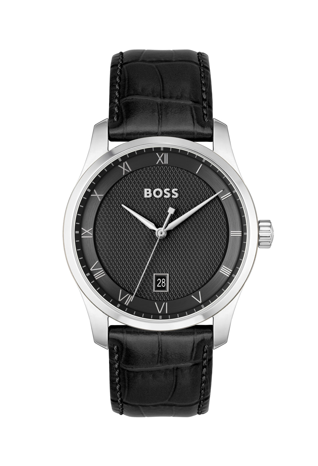 Close-up of the BOSS Mens Principle watch featuring a black textured dial, date display, Roman numerals, & leather strap.